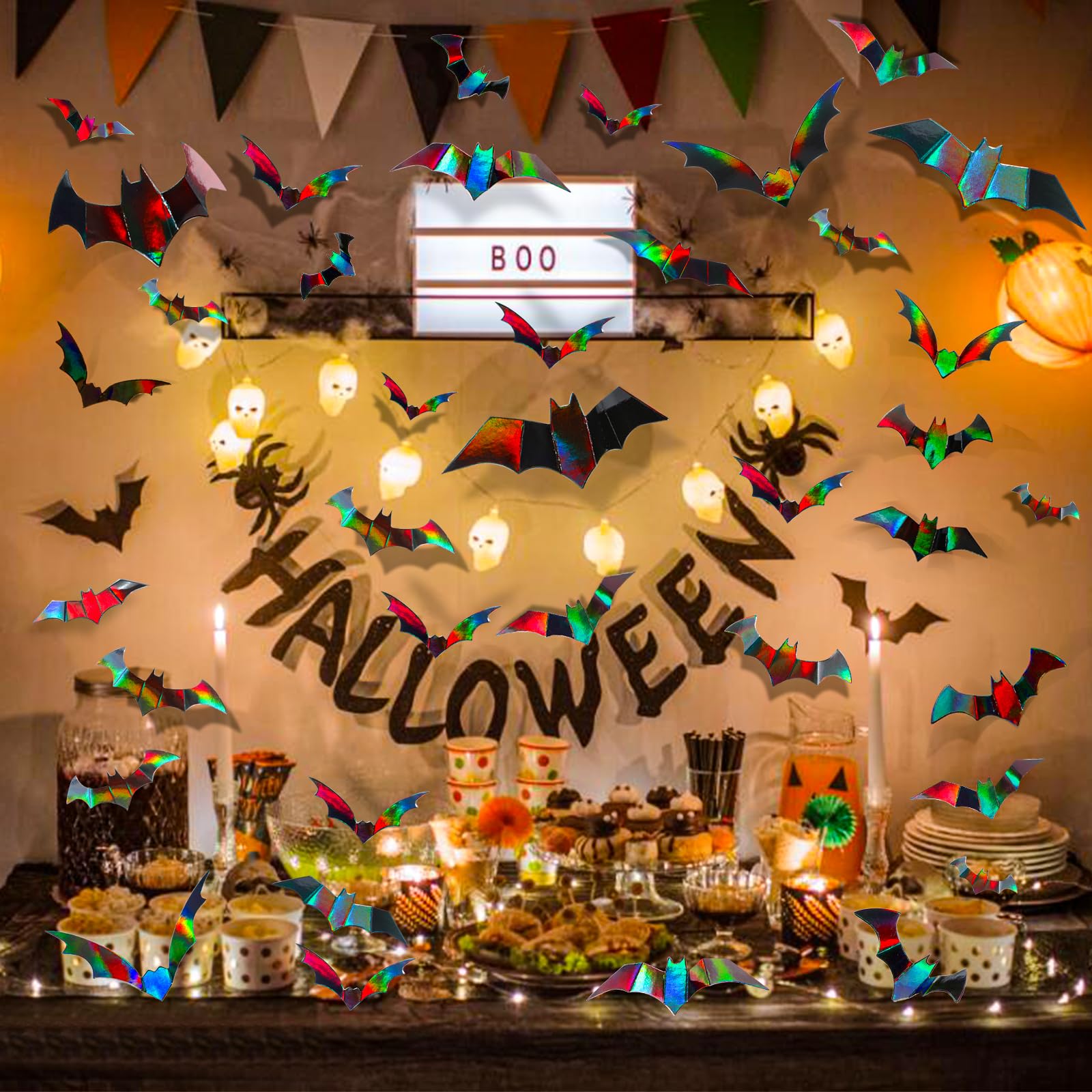 KIMOBER 144pcs Halloween Bats Wall Decor Iridescent Holographic Paper 3D Bat Wall Decal Stickers for Halloween Party Supplies