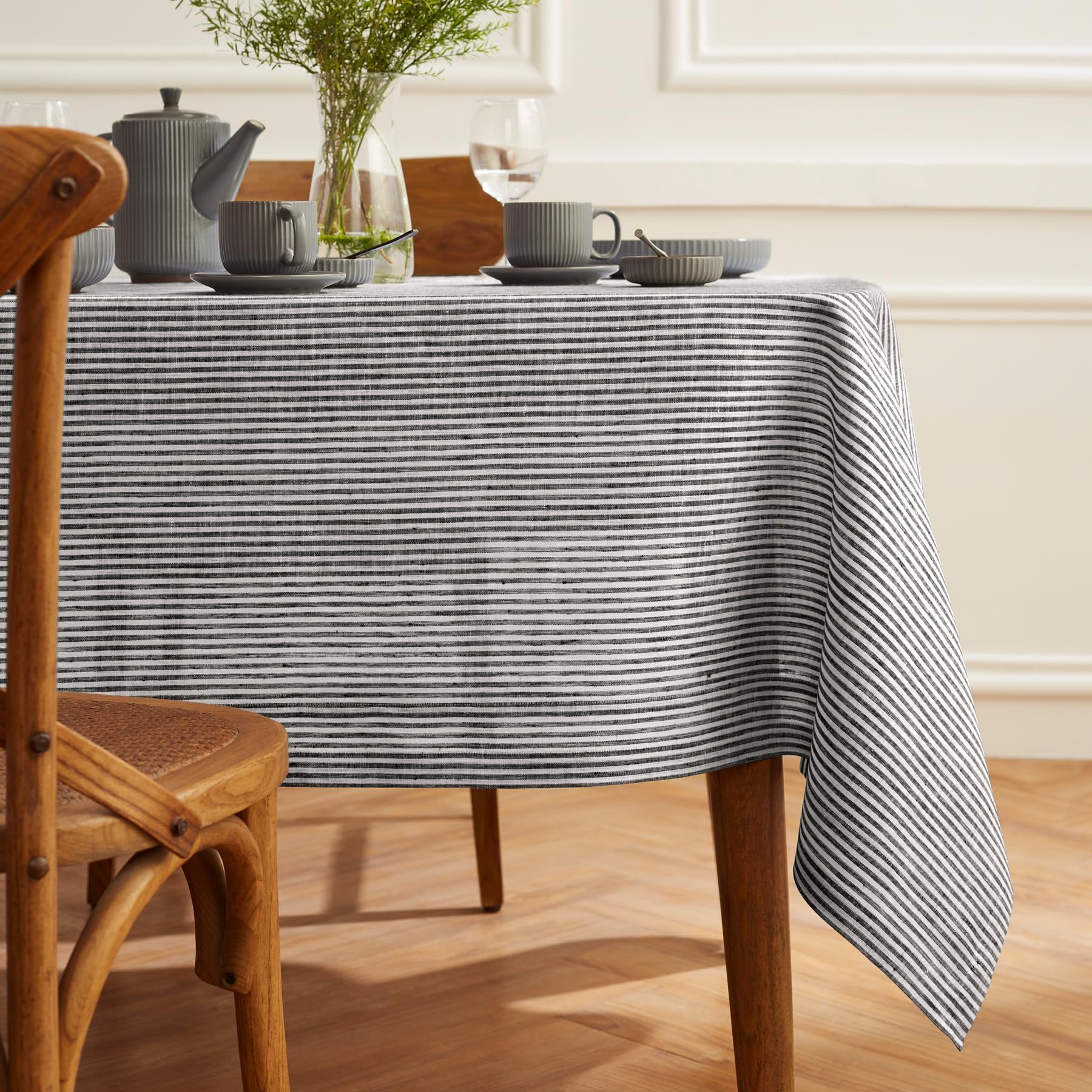 Solino Home Stripe Linen Tablecloth - 100% Pure Linen Black And White Tablecloth 90'' L X 60'' W For Spring, Easter - Handcrafte