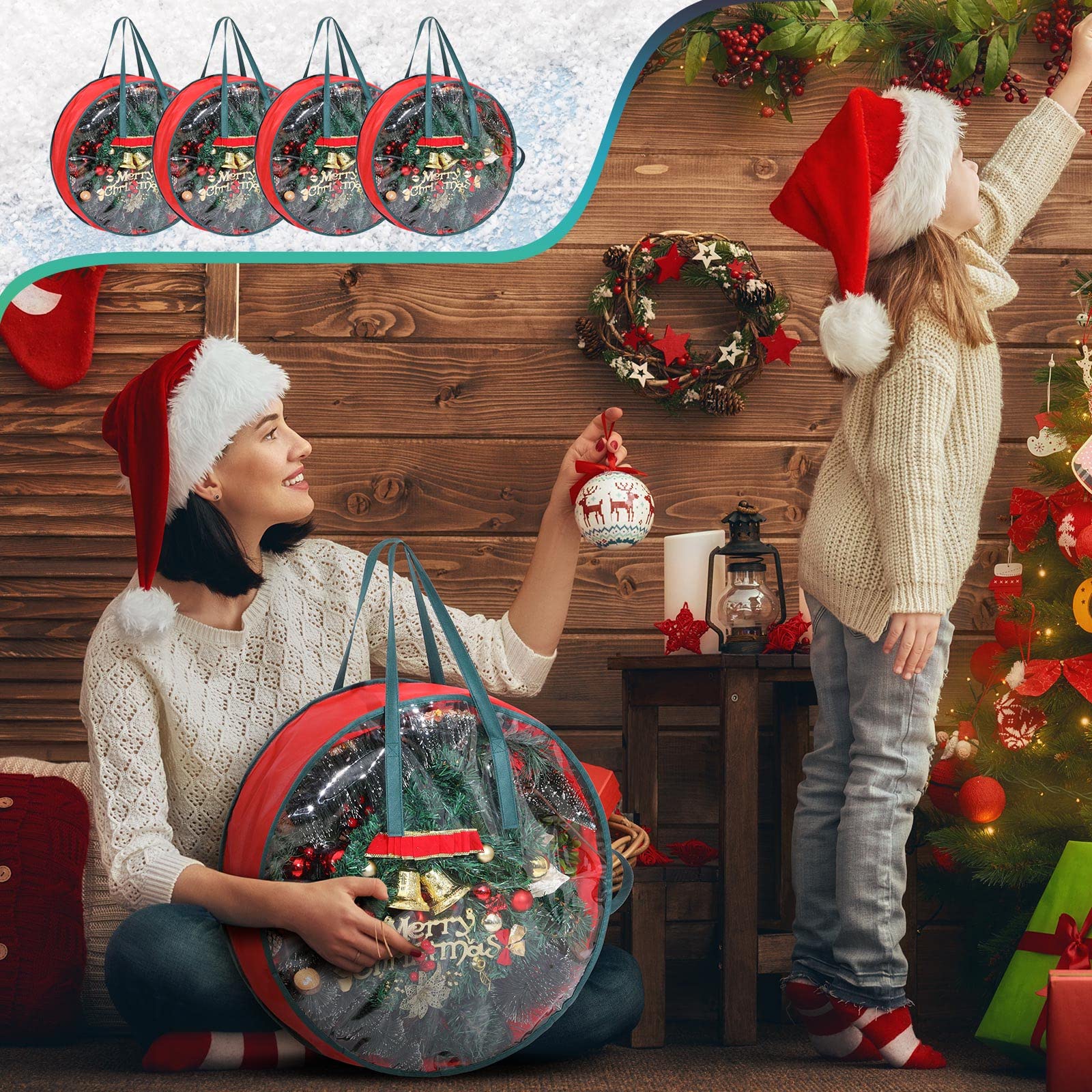 Shappy 4 Pcs Christmas Wreath Storage Bag Wreath Storage Container With Clear Window Plaid Wreath Storage Box With Handles For S