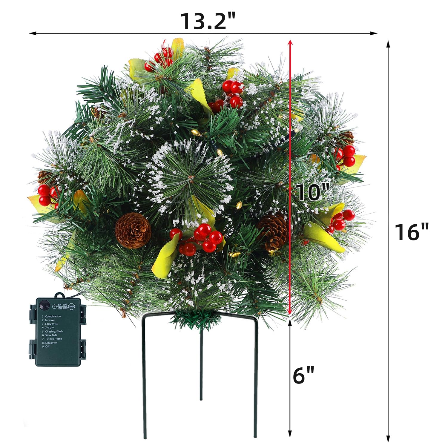 Glintoper Pre-lit Christmas Urn Filler, Lighted Artificial Mini Xmas Pine Trees with Tripod Stake, Light Up 8 Modes & Timer, Bat