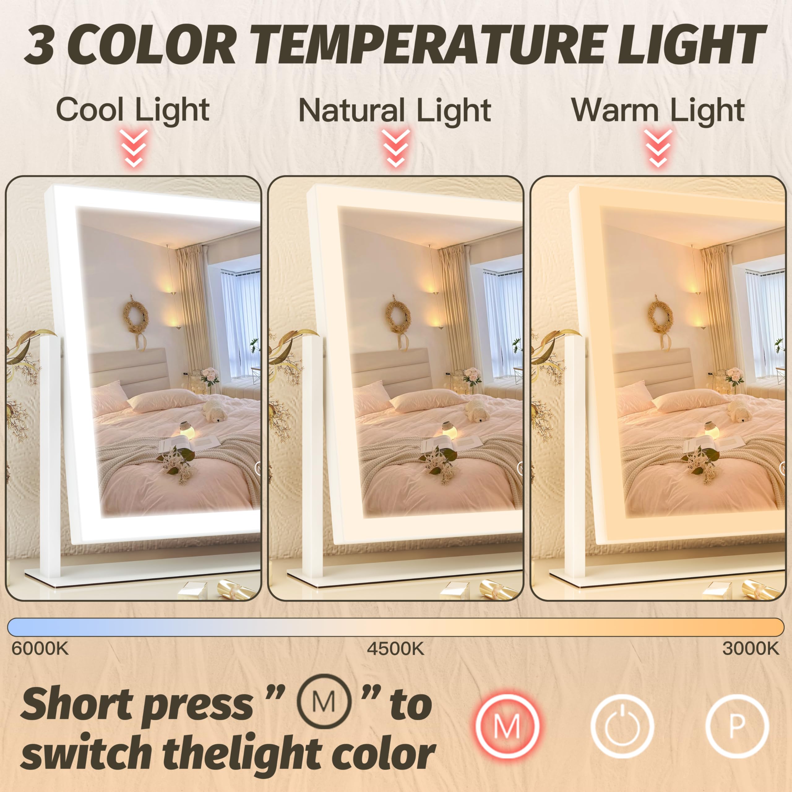 Fennio Vanity Mirror With Lights 13'' X 17'' Makeup Mirror With Lights,Vanity Mirror Touch Screen With 3-Color Lighting,Dimmable