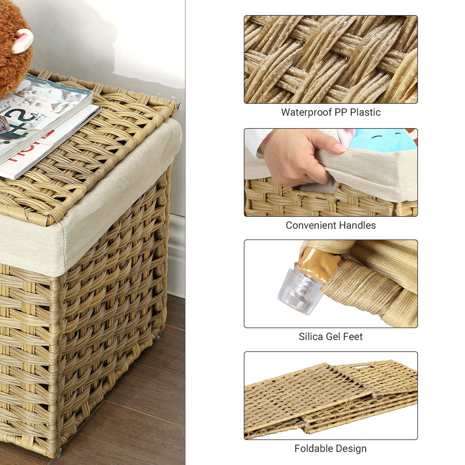 SONGMICS Storage Basket with Lid  Rattan-Style Storage Trunk with Cotton Liner and Handles  for Bedroom Closet Laundry Room  29.9 x 17.1 x 18.1 Inches  Natural URST76NL