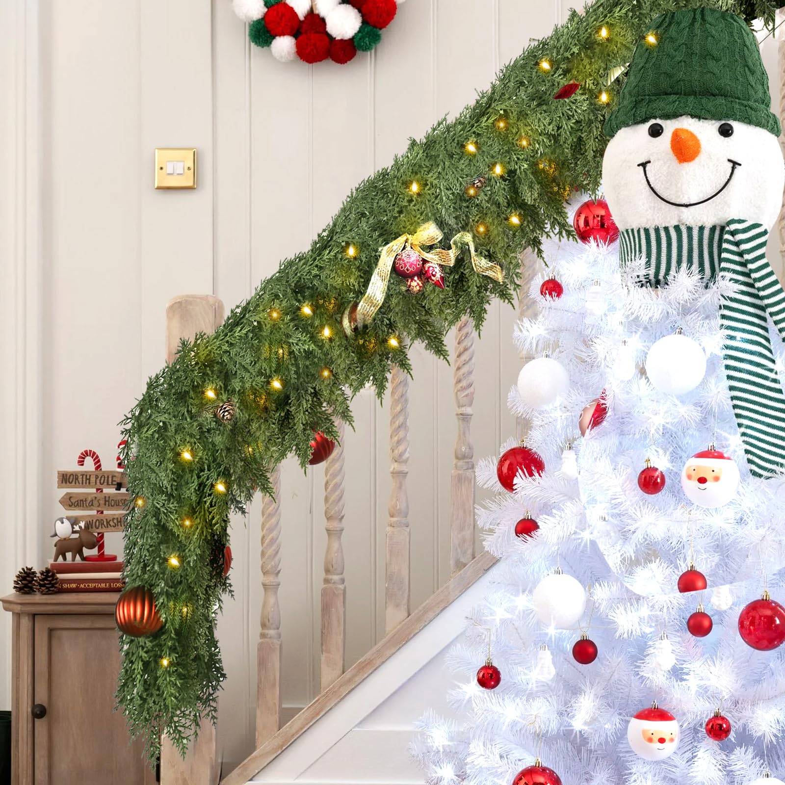 6FT Pre-lit Thick Christmas Garland with 30 Lights, Full 168 Branches, Green Cedar Garland for Christmas Decorations, Artificial