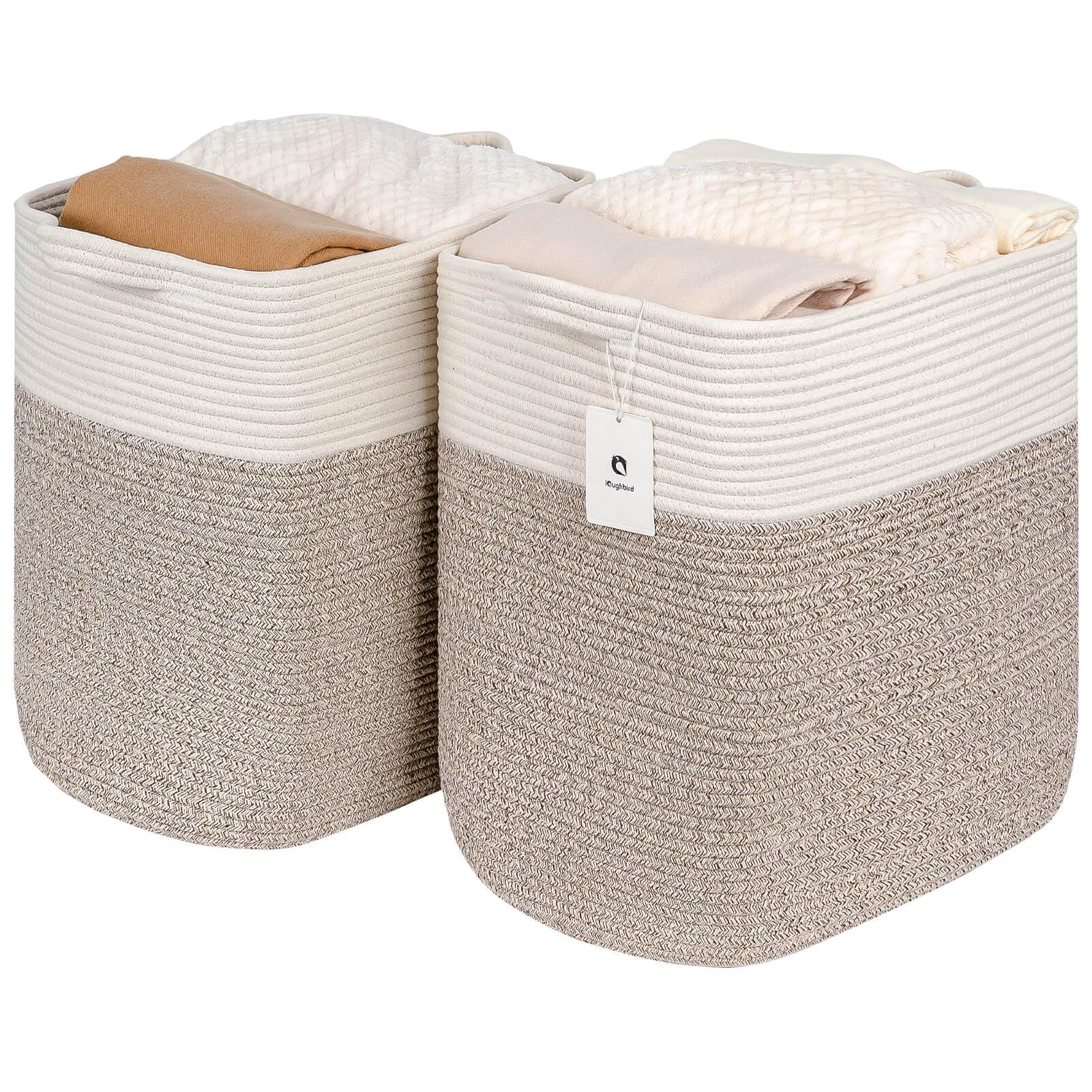 Laughbird Tall Storage Baskets For Clothes Fabric Cotton Rope Storage Basket Bin With Handles, Decorative Woven Basket For Livin