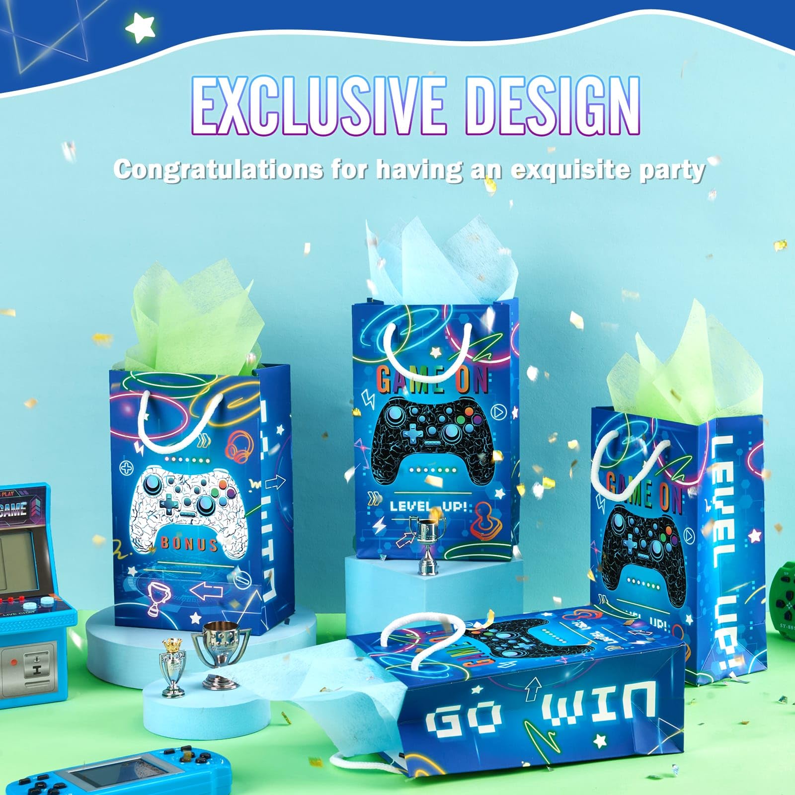 Wernnsai Video Game Party Favor Bags - 16 Pcs Gamer Birthday Party Supplies Gift Bags With Handles For Boys Kids Goodie Bags For