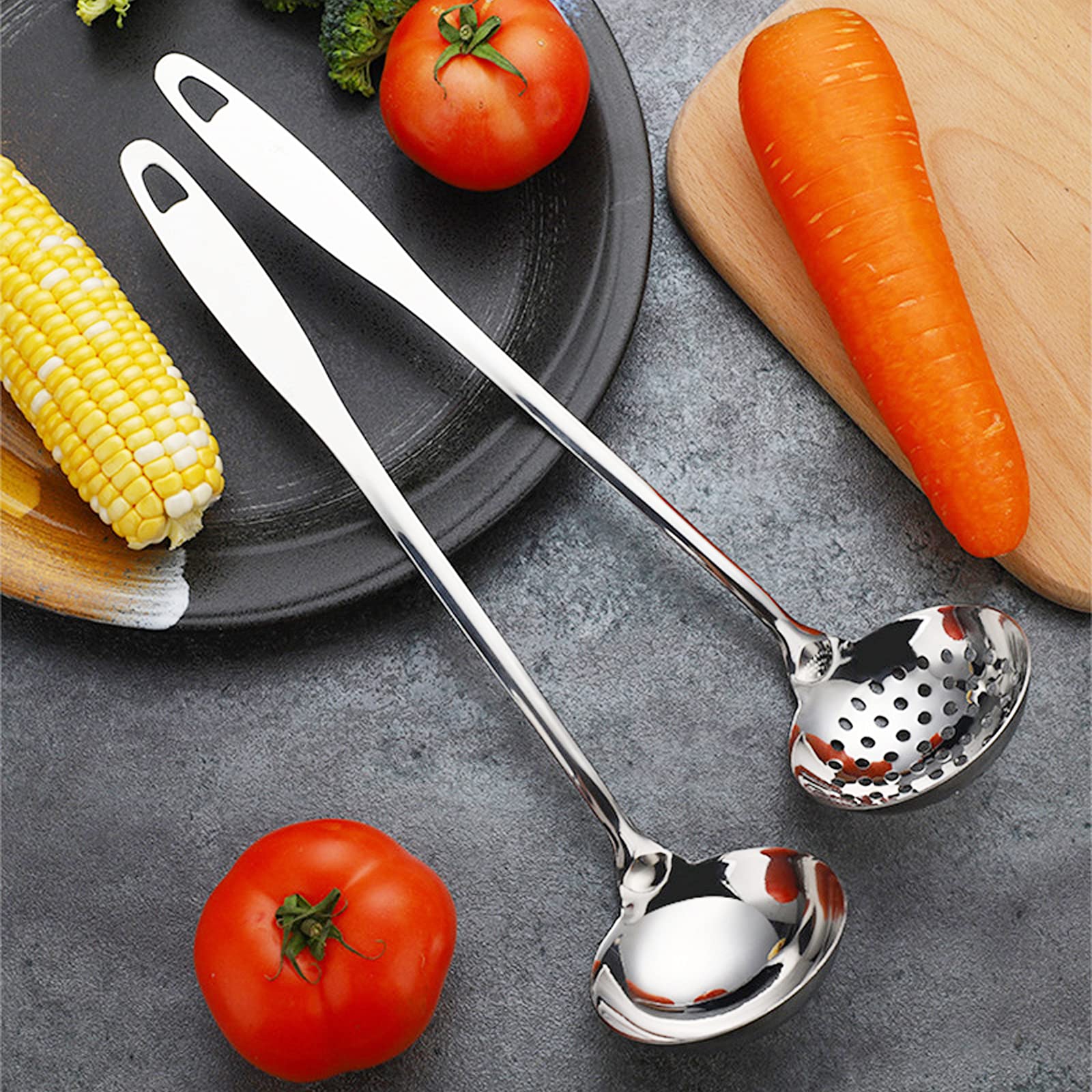 iPstyle Stainless Steel Soup Spoon Set - Heavy Duty 12" Ladle with Mirror Finish - Perfect for Hotpot and Serving Soup (2PCS)