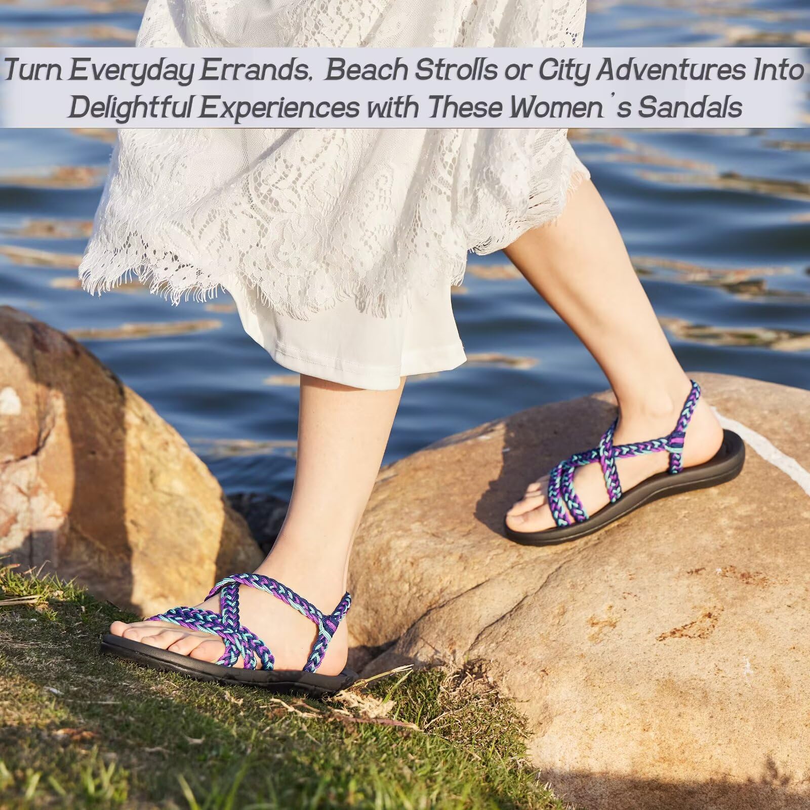 Megnya Comfortable Womens Walking Sandals, Soft Hand-Woven Strap Sandals For Women, Wadable Slide Sandals For Summer Beachboatin