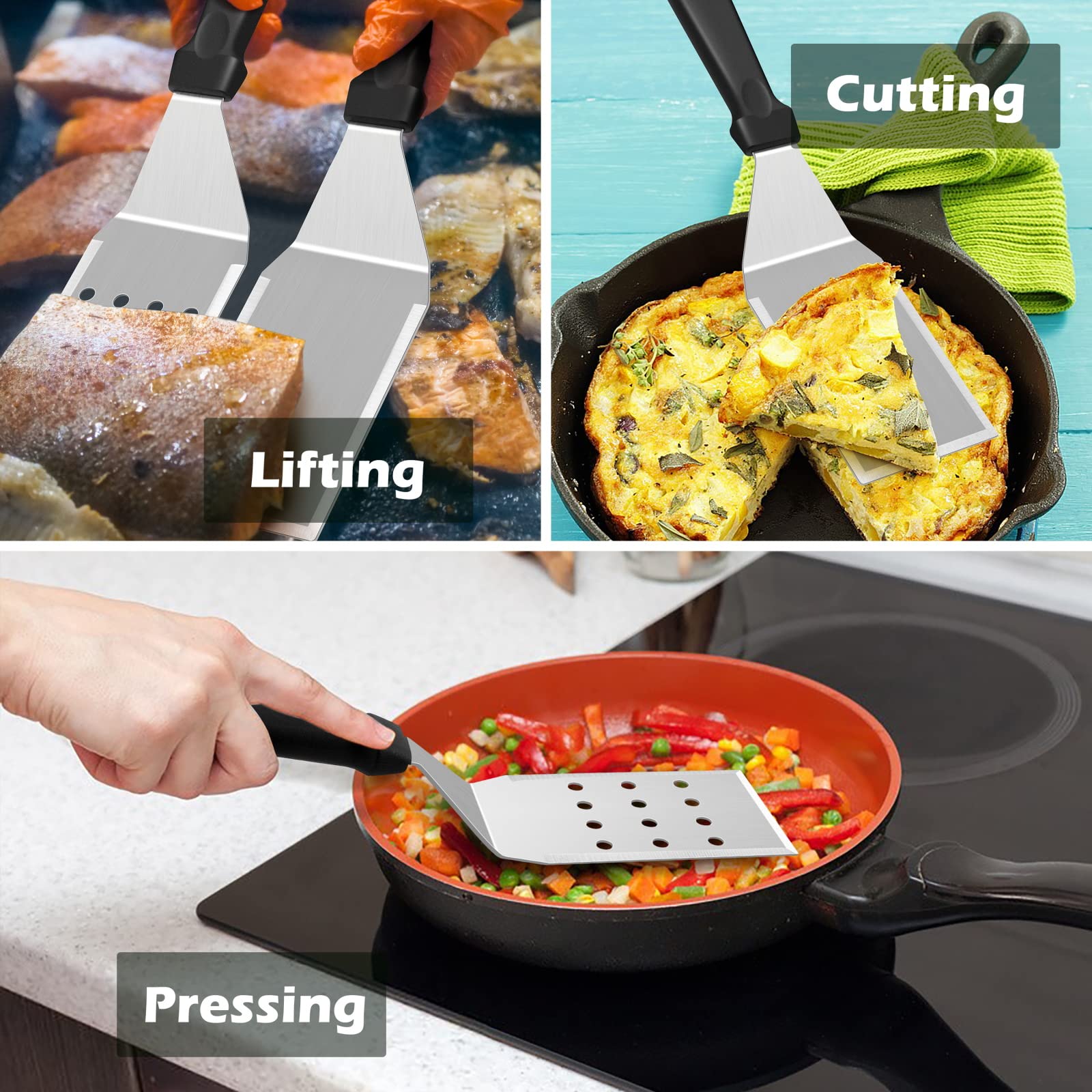 Metal Spatula Set Of 2, Hasteel 11.8 X 2.8In Stainless Steel Perforated Spatula & Solid Turner Flipper, Flat Top Griddle Teppany