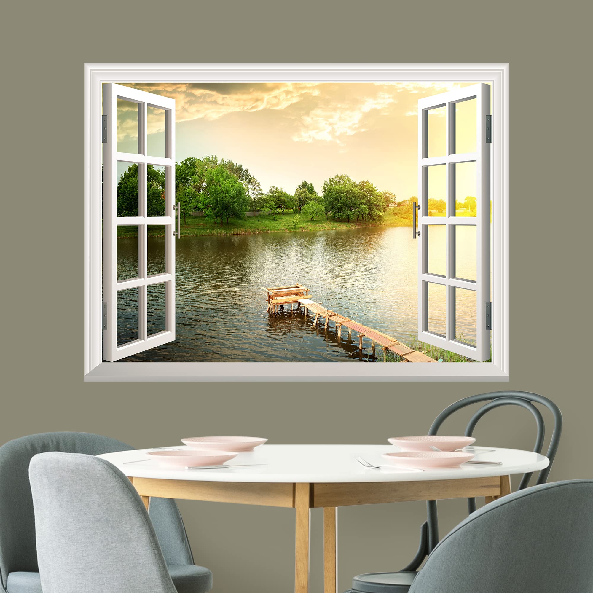 wall26 Removable Wall Sticker/Wall Mural - A Small Wood Pier for Fishing at a River | Creative Window View Wall Decor - 24 Inchx32 Inch