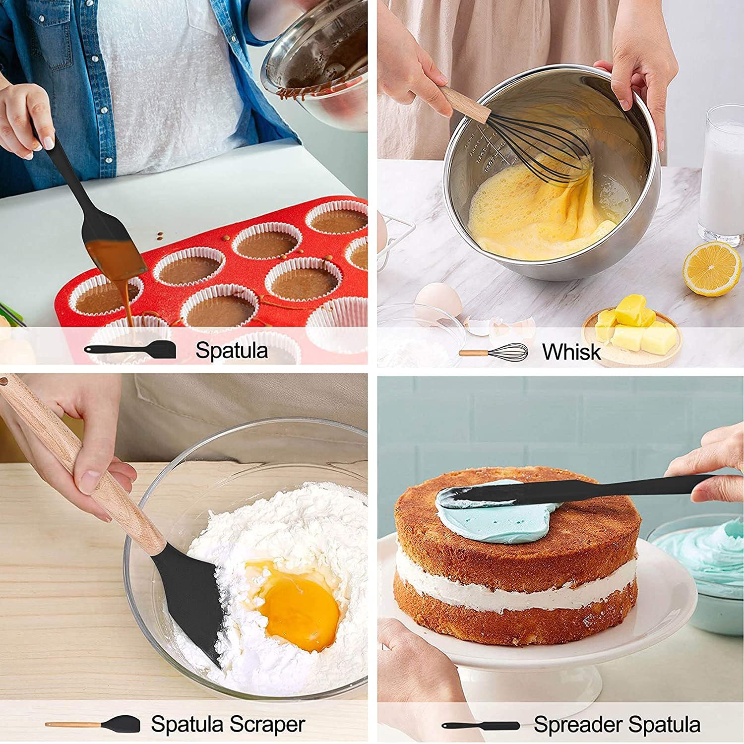 Lianyu 15-Piece Kitchen Silicone Cooking Utensils Set With Holder, Wooden Handle Kitchen Tools Include Spatula Tong Slotted Spoo
