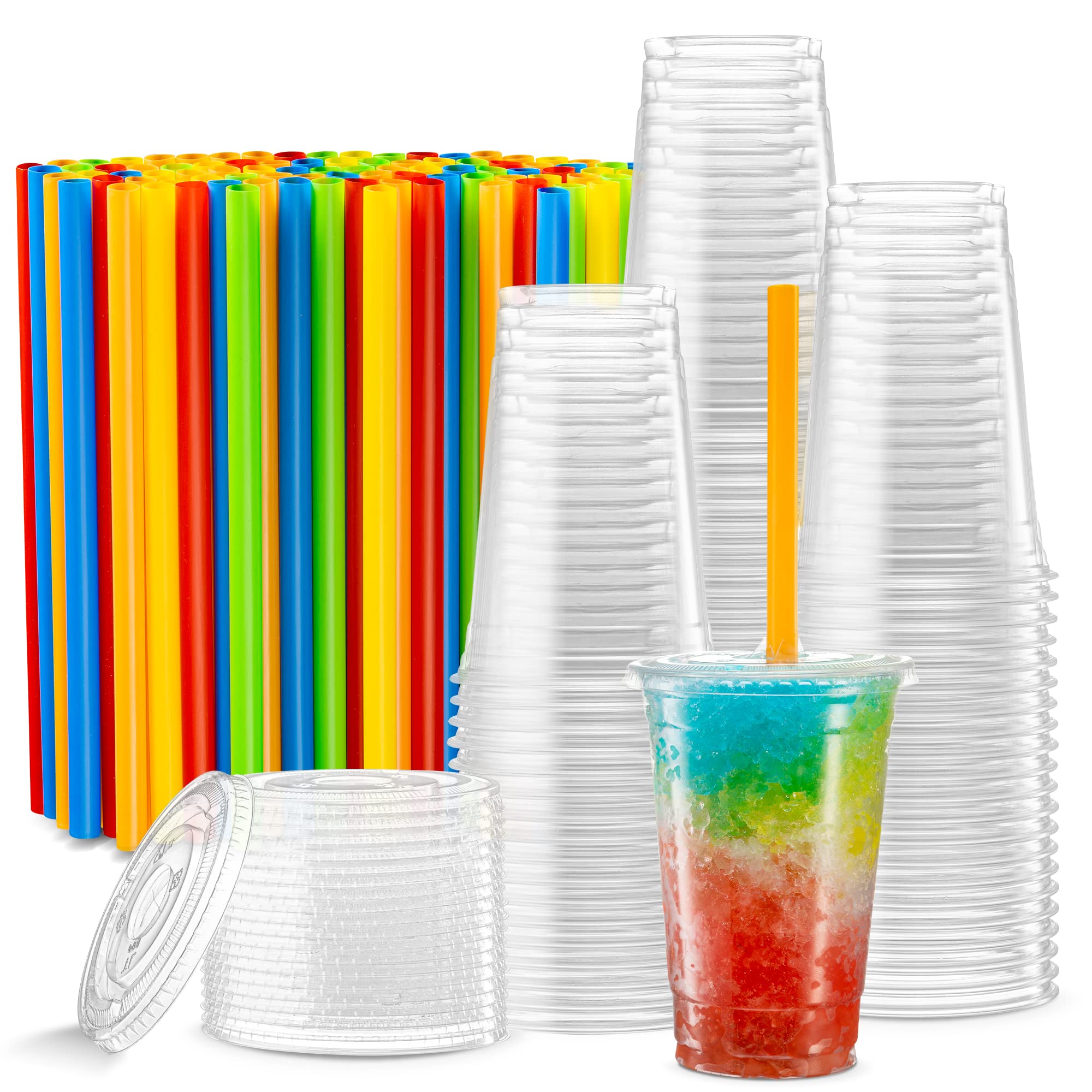Elegant Disposables [40 Sets - 16 Oz] Crystal Clear Pet Plastic Cups With - Flat Lids & Straws For Iced Coffee, Cold Drinks, Mil