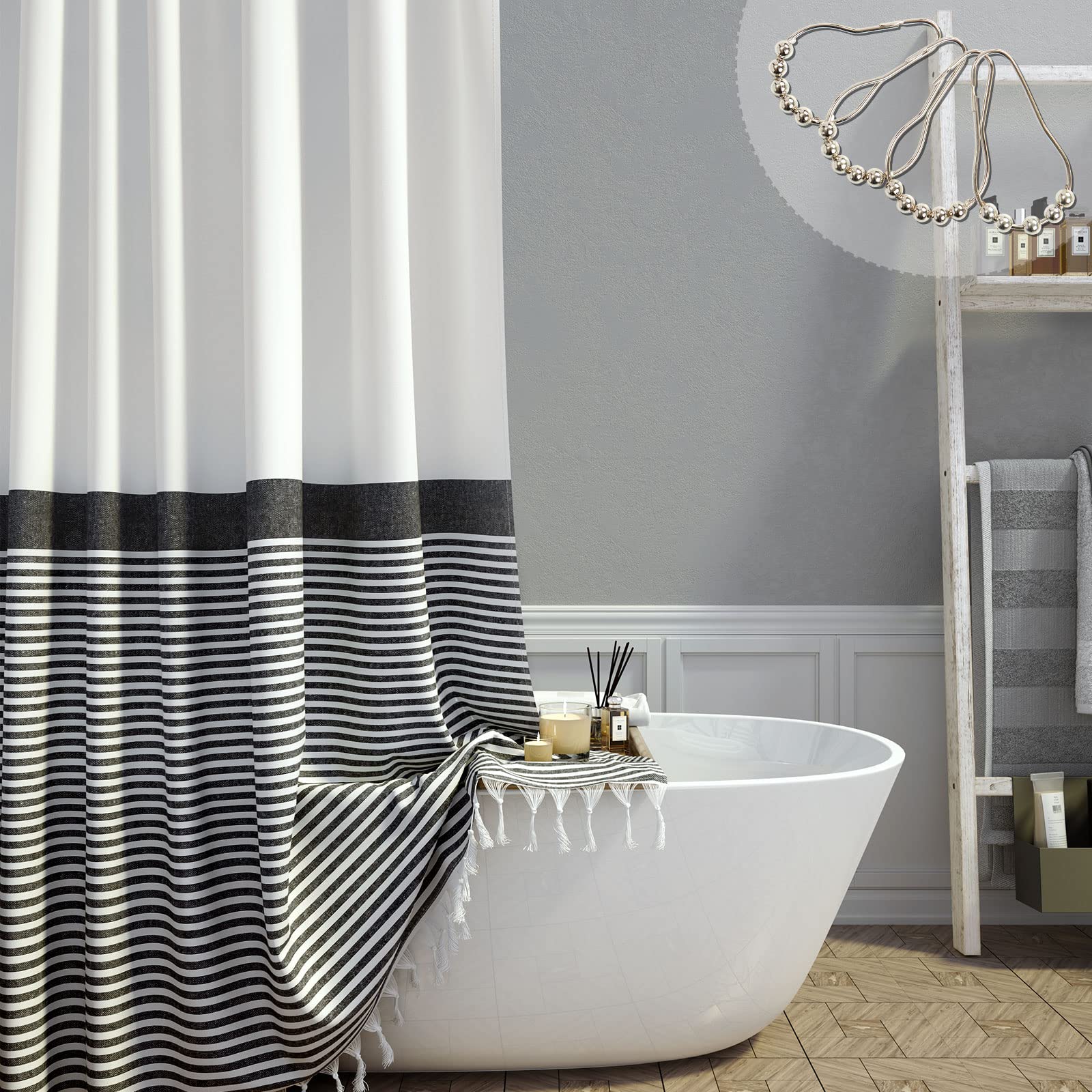 Dynamene Modern Farmhouse Fabric Shower Curtain Boho Black and White Striped Cotton Cloth Bathroom Shower Curtain with Tassels  Hotel Luxury Decorative Shower Curtain Set with 12 Metal Hook - 72x72