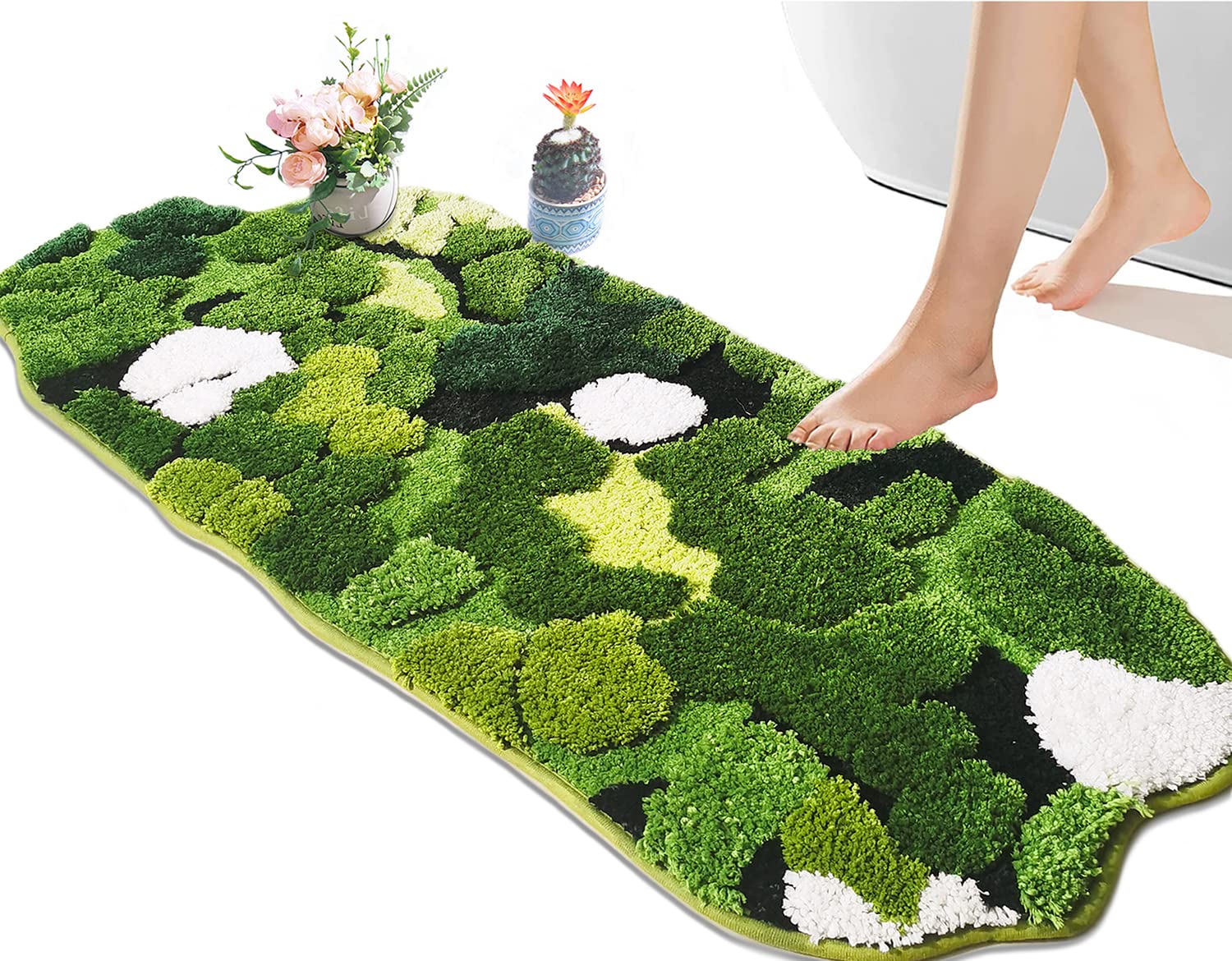 Hifuwan Cute Green Moss Bathroom Runner Rug Long Rectangular Boho Aesthetic Leaf Leaves Bath Mat Shaggy Non Slip Absorbent Showe