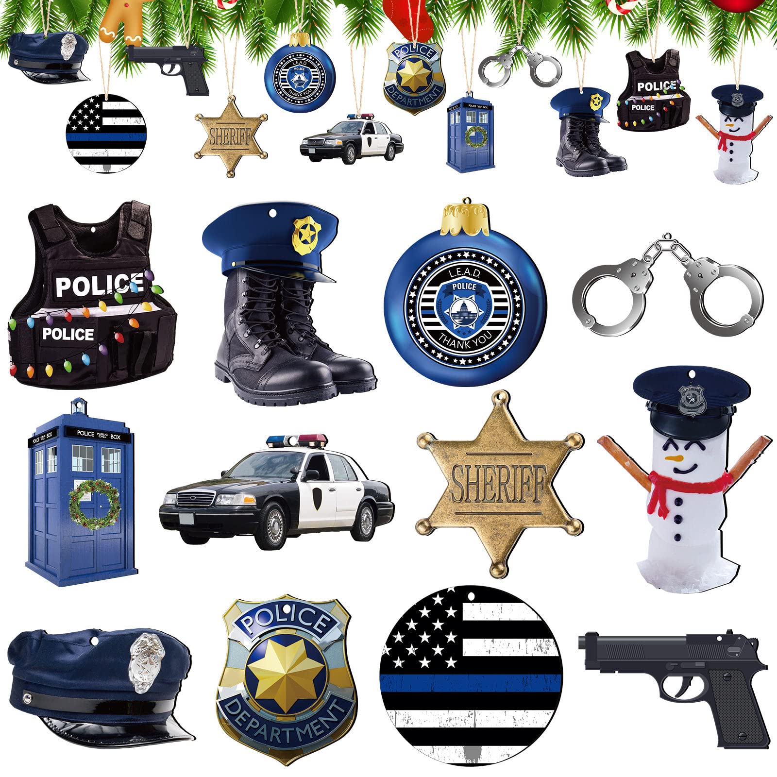 Yookeer 36 Pieces Police Christmas Ornaments Police Boots Shield Car Wooden Officer Hanging Ornaments Policeman American Flag Ch