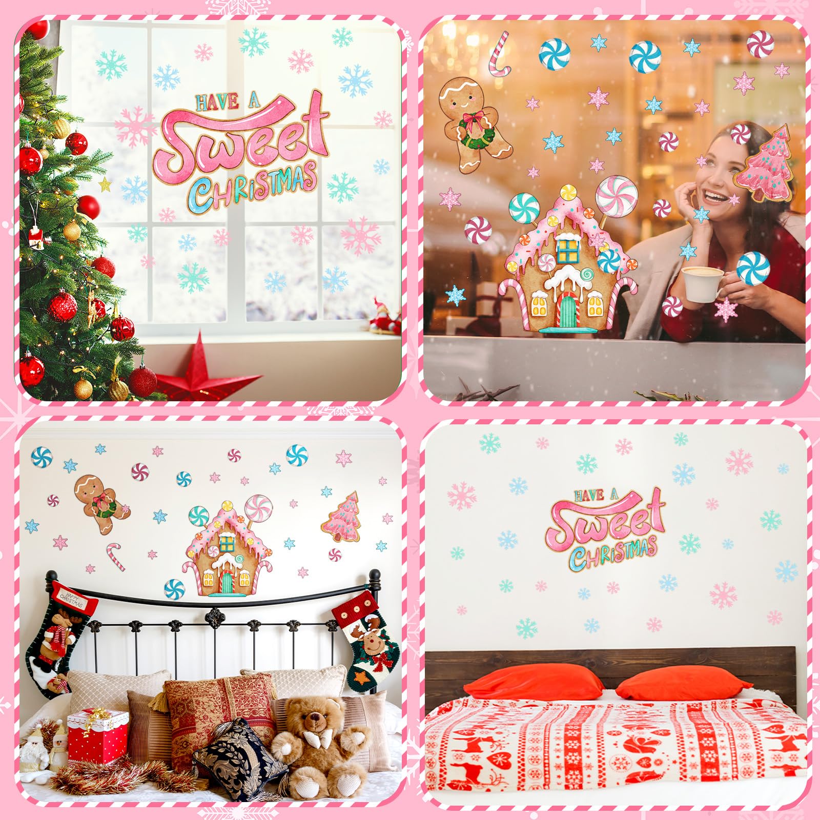 Outus 3 Sheet Christmas Wall Decal Large Pink Gingerbread Wall Decal 23.6 x 11.8 Inch, 23.6 x 17.7 Inch Christmas Window Clings
