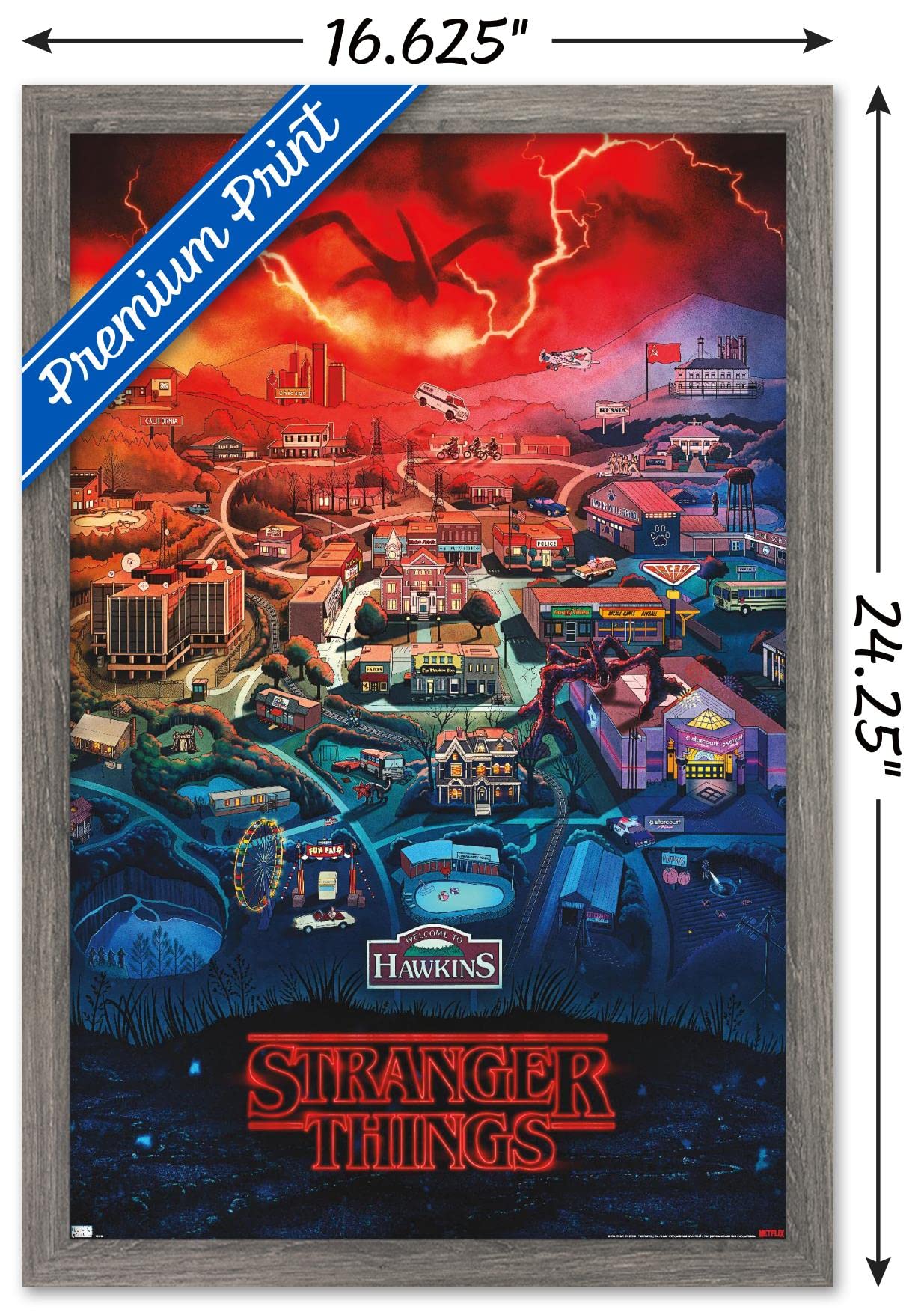 Trends International Netflix Stranger Things: Season 4 - Hawkins, Indiana Wall Poster, 14.725'' X 22.375'', Barnwood Framed Vers