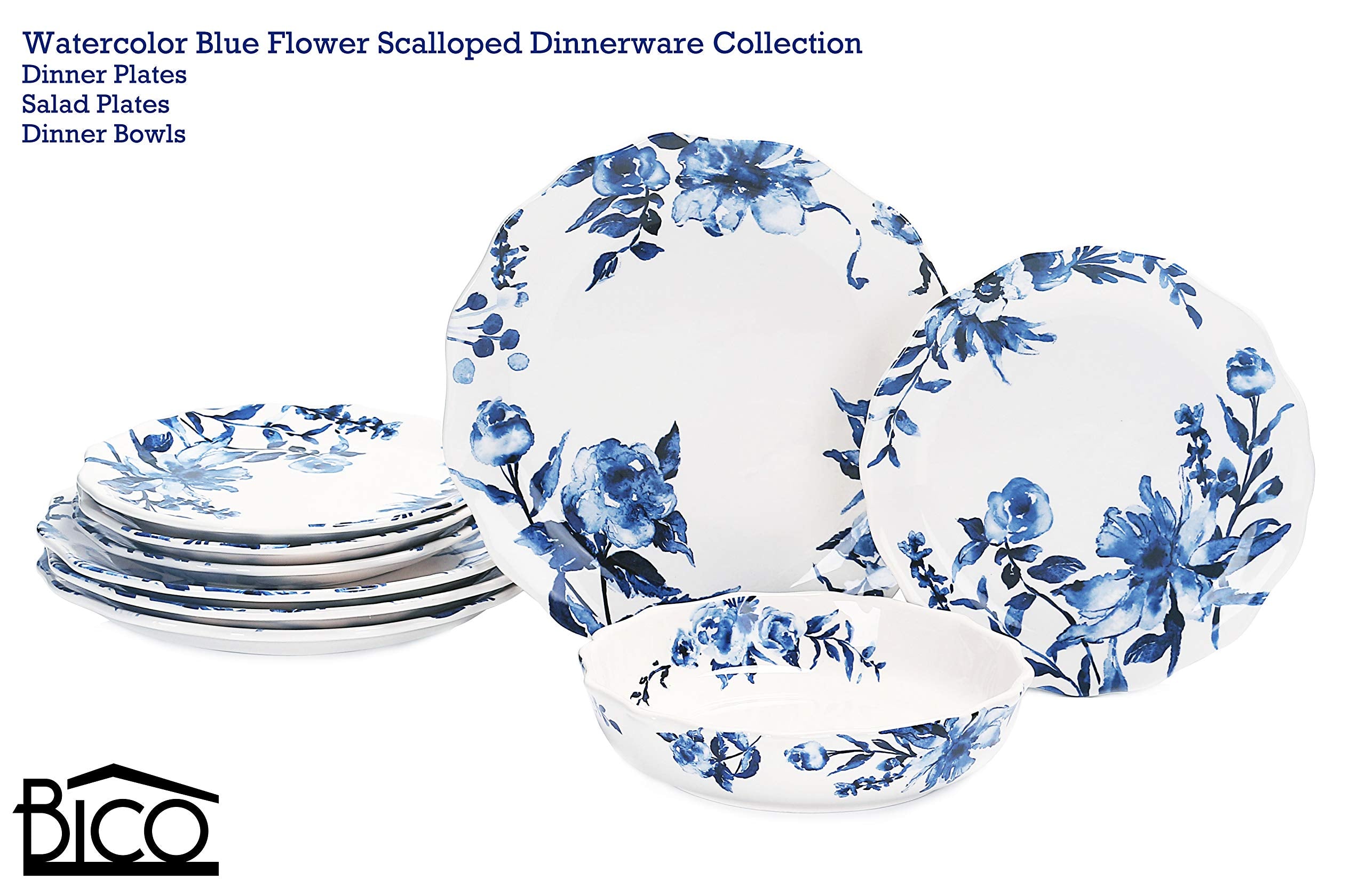 Bico Watercolor Blue Flower Ceramic 32Oz Scalloped Dinner Bowls, Set Of 4, For Pasta, Salad, Cereal, Soup & Microwave & Dishwash