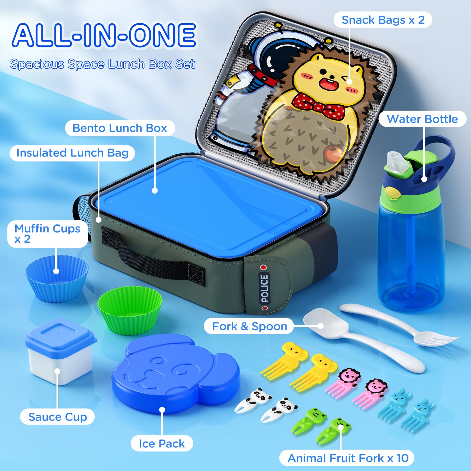 Time4Deals Kid Bento Lunch Box Set, Insulated Lunch Bag With 6 Compartment Bento Box Ice Pack Water Bottle Muffin Cup Spoon Snac
