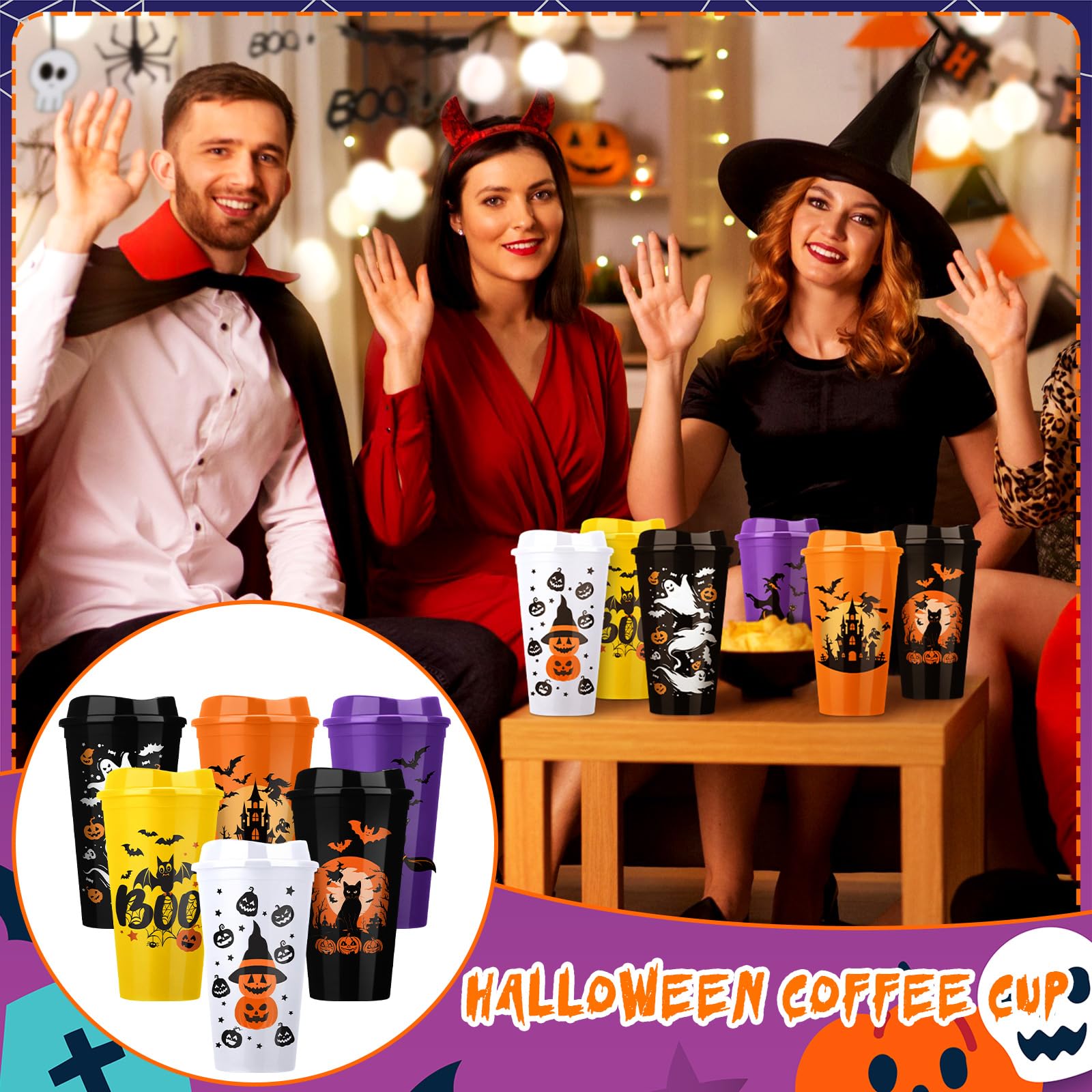 Pickmesh 12 Pack Halloween Reusable Coffee Cup Gift Bulk 16 oz Witch Bat Pumpkin Black Cat Horror Pattern Tumblers with Lid Plas