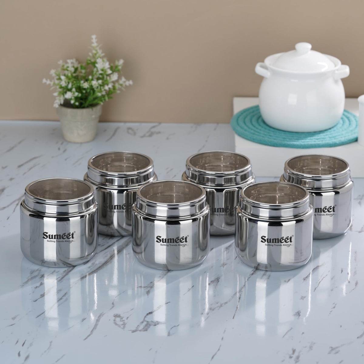 Sumeet Stainless Steel Small Canisters/Dabba/Storage Containers For Kitchen With See Through Lid, Set Of 6 Pcs, 400Ml Each, 9Cm