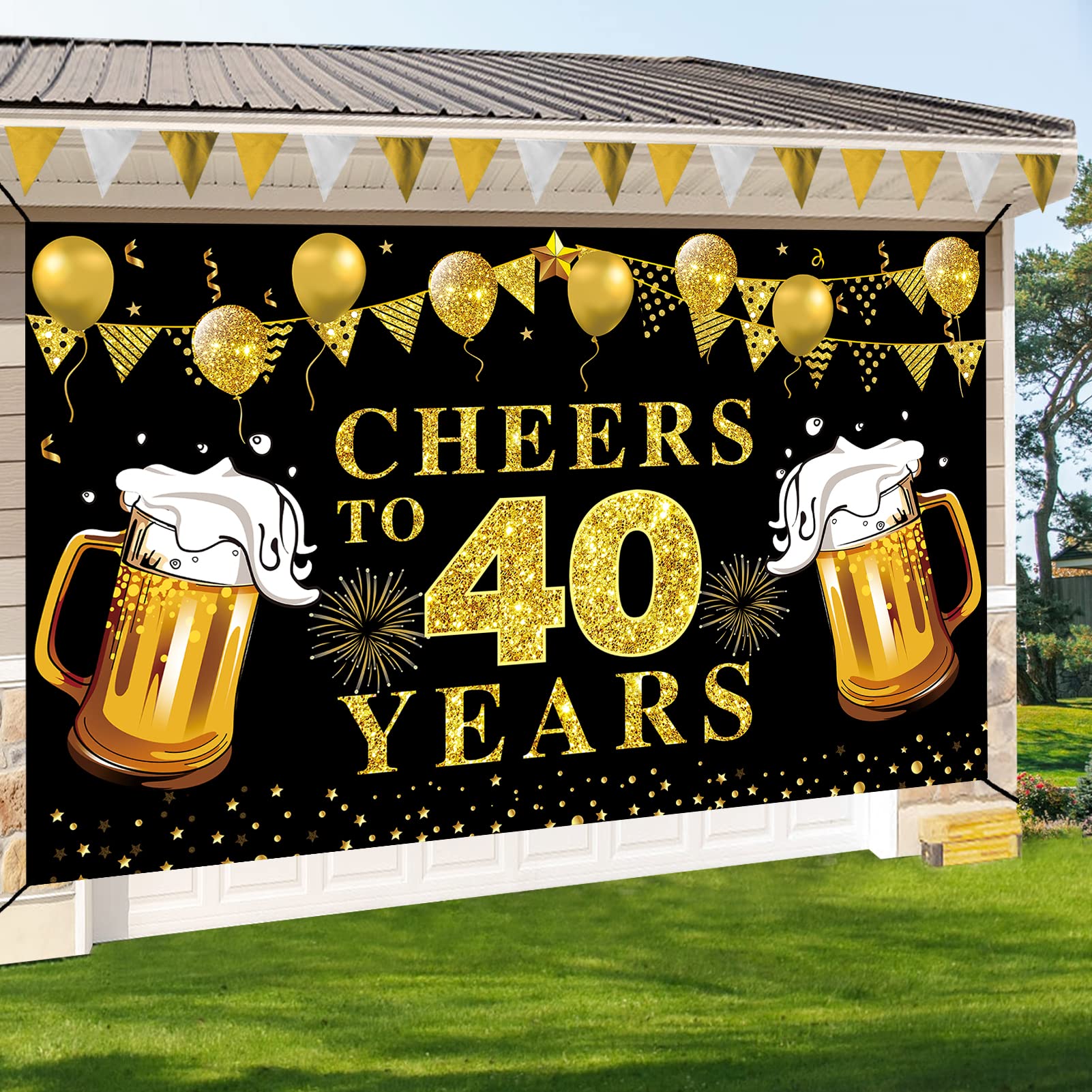 Lnlofen Large Cheers To 40 Years Banner Backdrop, Black Gold Happy 40Th Birthday Decorations Party Supplies, 40Th Anniversary Po