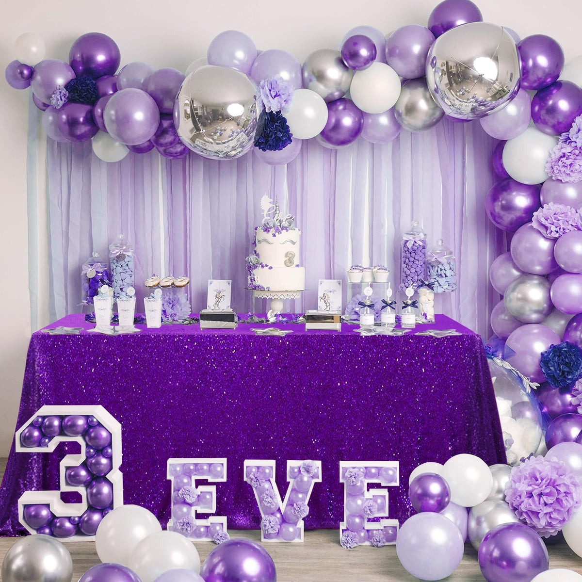 Queendream Purple Tablecloth Sequin Fabric Table Cloths 90X90 Inch Halloween Party Decorations Purple Overlay Drapes Birthday Pa
