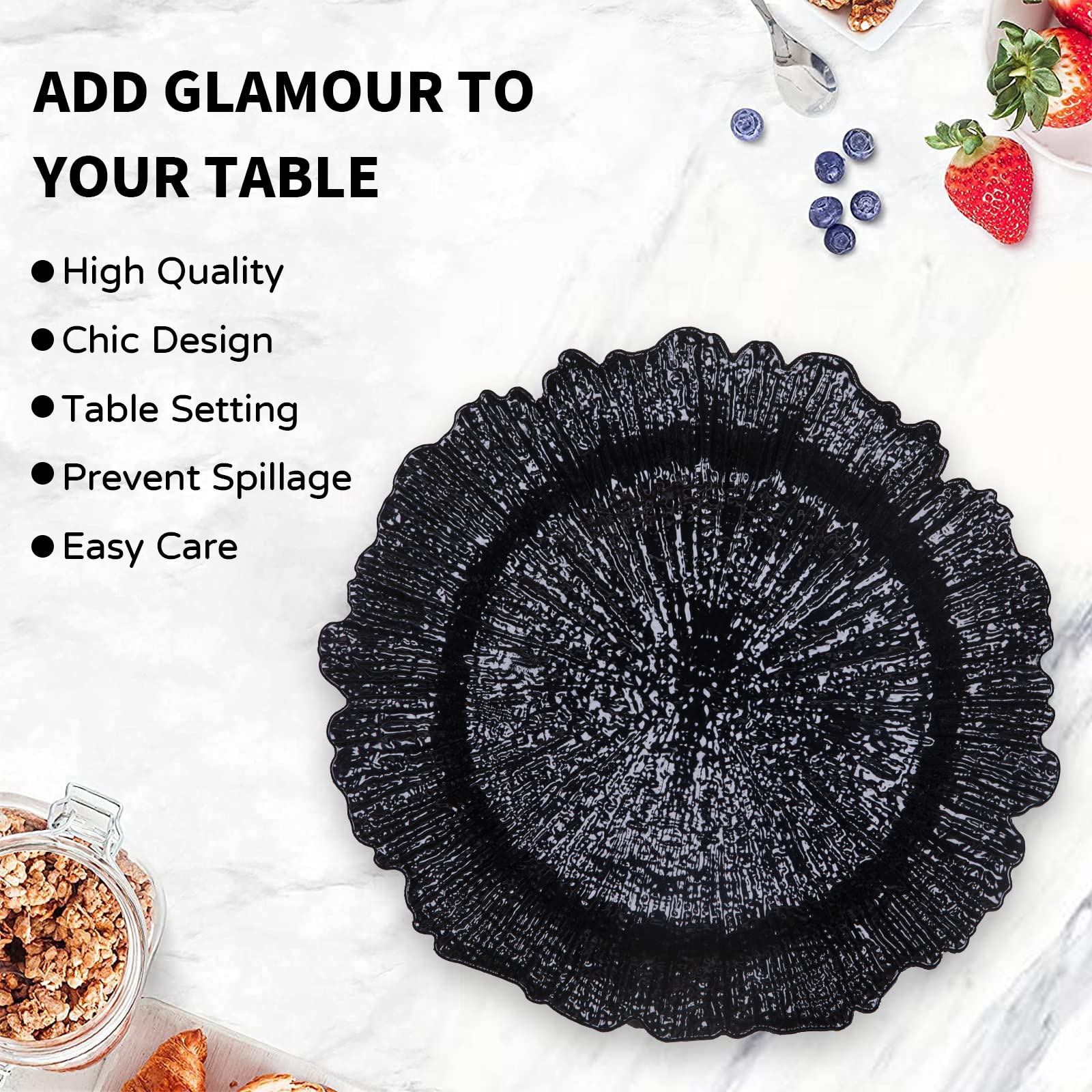 Maoname Black Charger Plates Set Of 12, Reef Plate Chargers For Dinner Plates, Plastic Decorative Plates For Table Setting