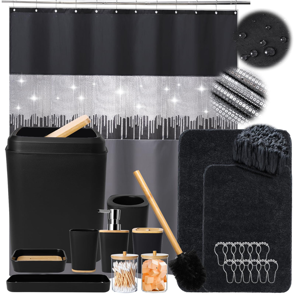 Xlhomo Bathroom Sets With Shower Curtain And Rugs,24Pcs Black Bathroom Set Shower Curtain Set With Bathroom Trash Can Bathroom A