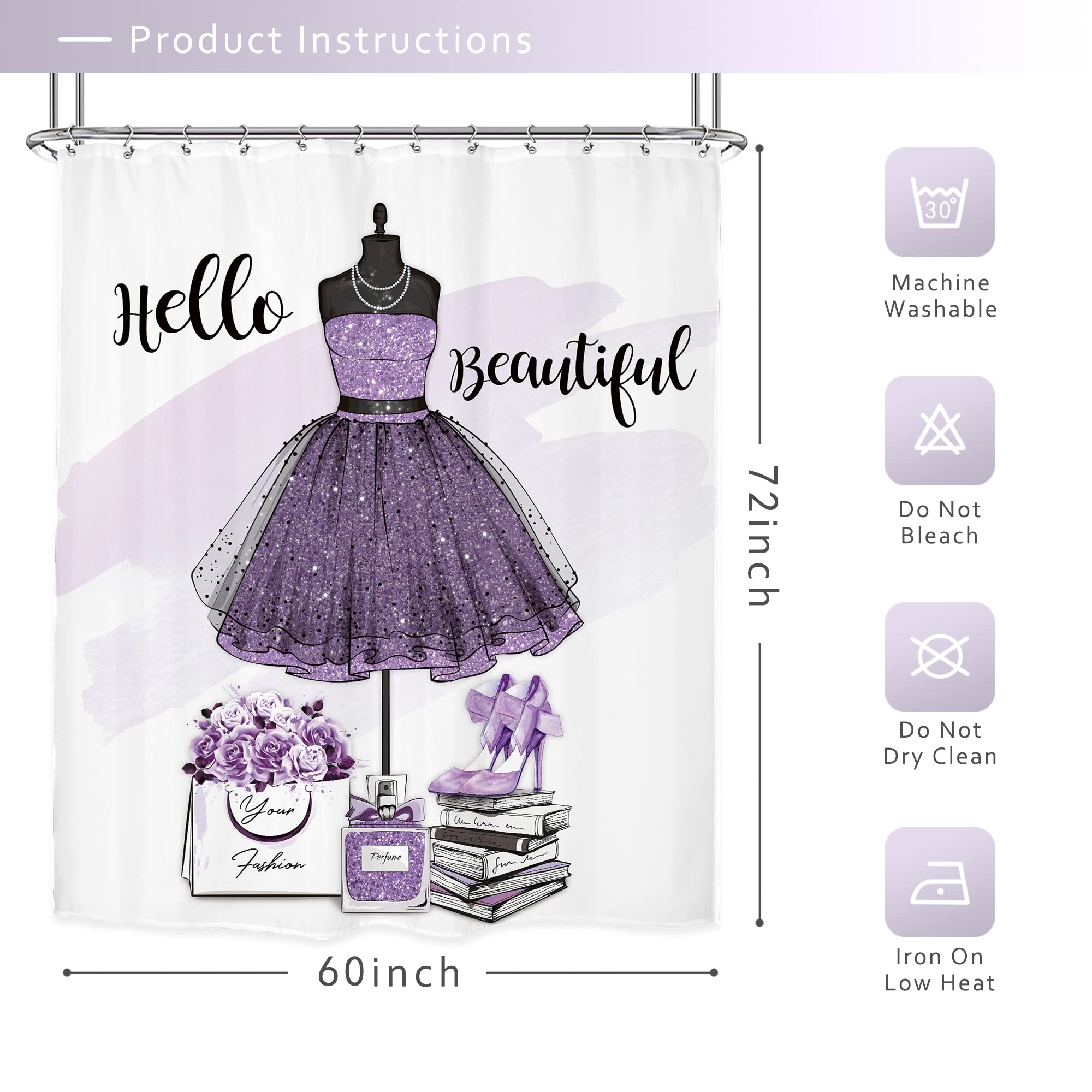 Riyidecor Fashion Women Dresses Shower Curtain 60Wx72H Inch Girly Purple Modern for Girls High Heel Perfume Bottle Floral Handbag Books Beautiful Bathroom Decor Fabric Waterproof 12 Pack Hooks