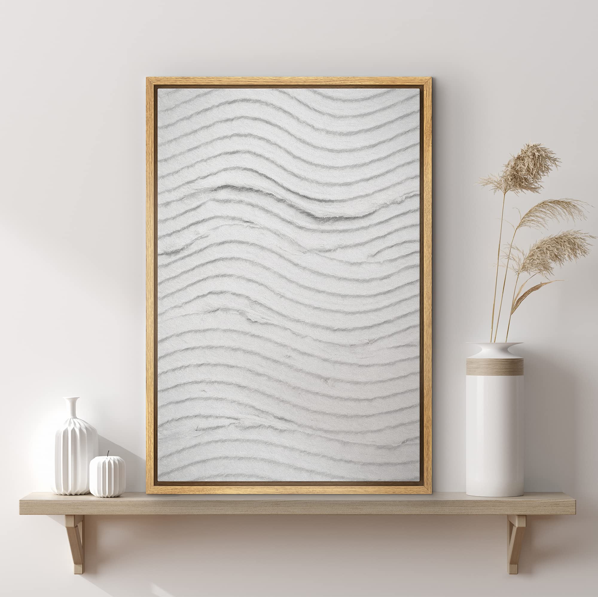 Signwin Framed Canvas Print Wall Art Grunge White Gray Minimal Wave Collage Abstract Shapes Digital Art Modern Art Decorative El