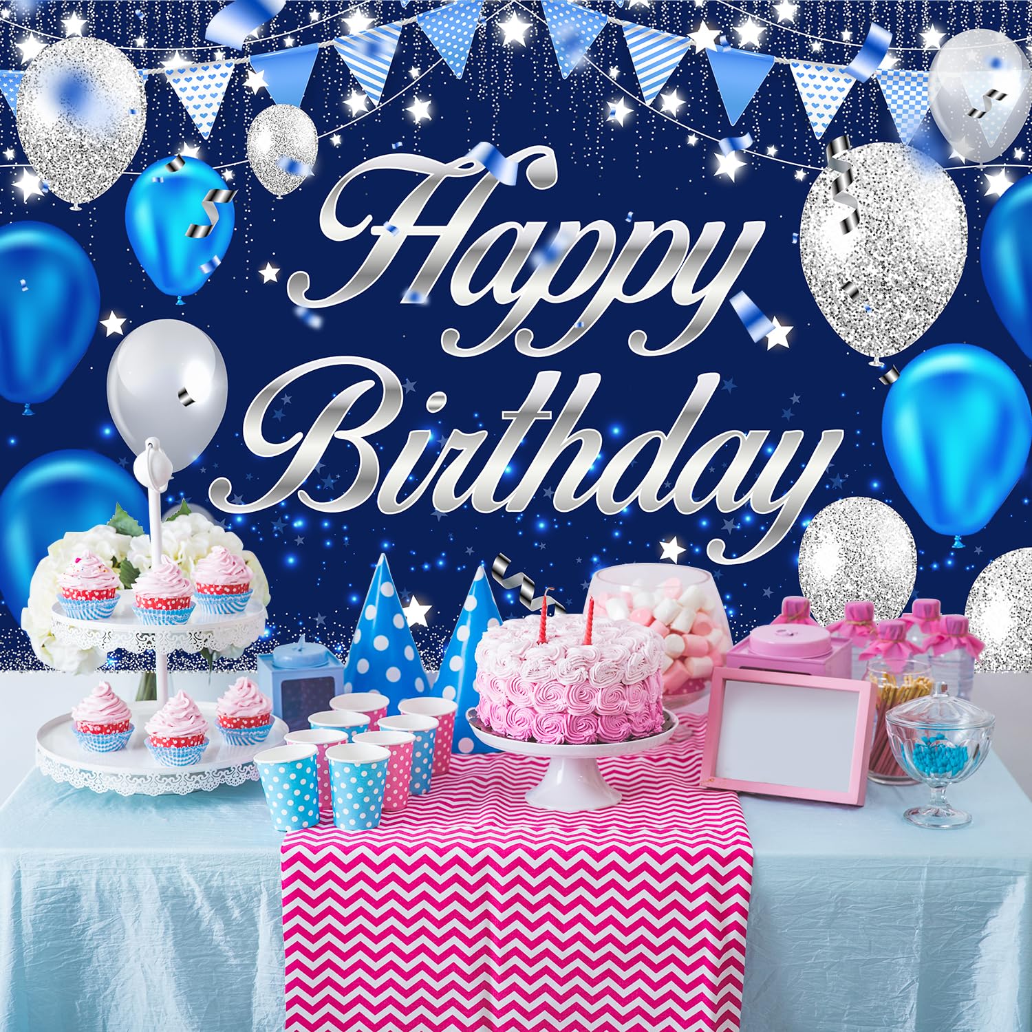 Mdcgfod Happy Birthday Banner - Birthday Decorations For Men Women Boys Girls Blue Sliver Birthday Party Banners Welcome Happy B