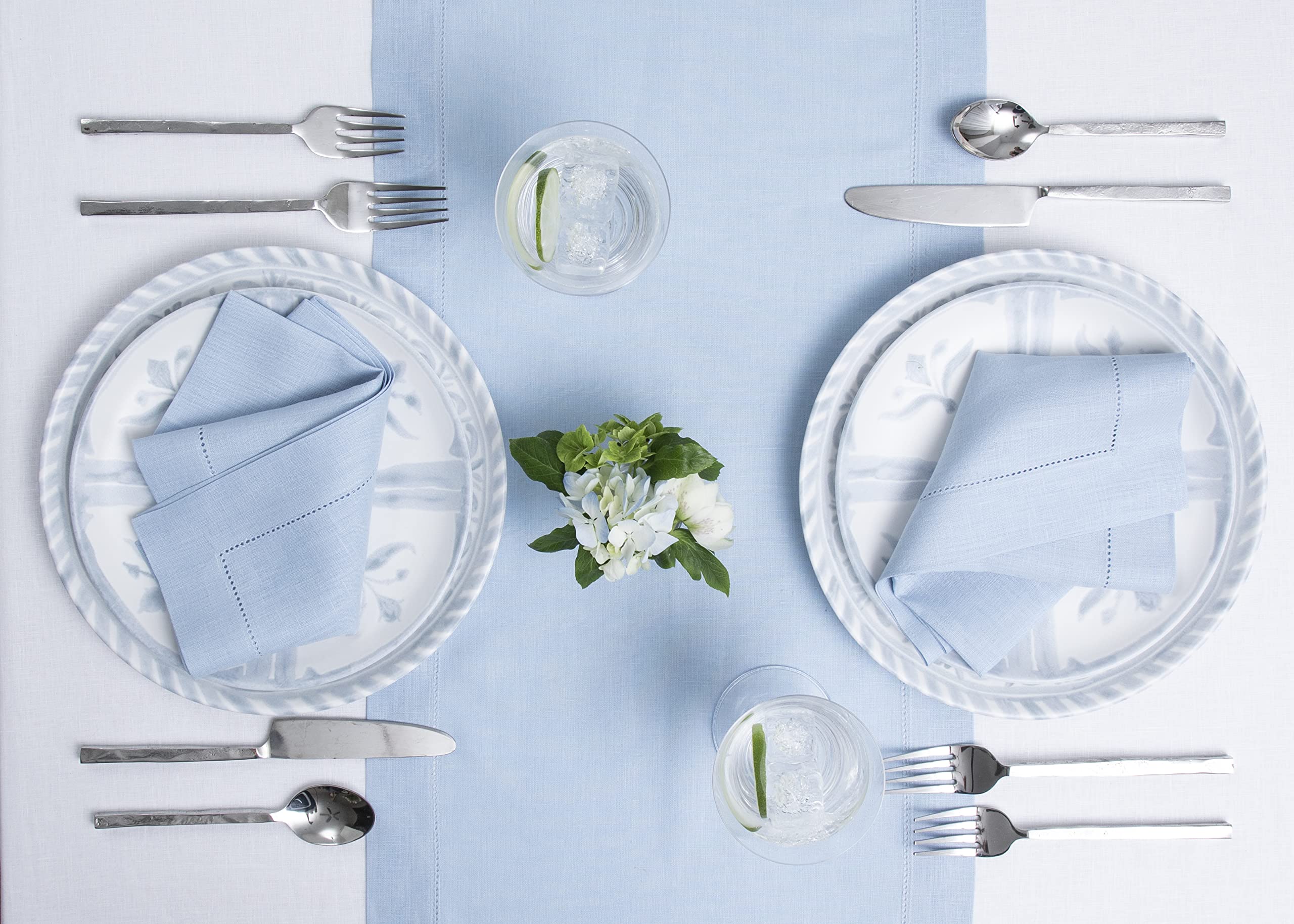 Solino Home Linen Sky Blue Table Runner 36 Inch - 100% Pure Linen Classic Hemstitch Short Table Runner 14 X 36 Inch Ideal For Dr