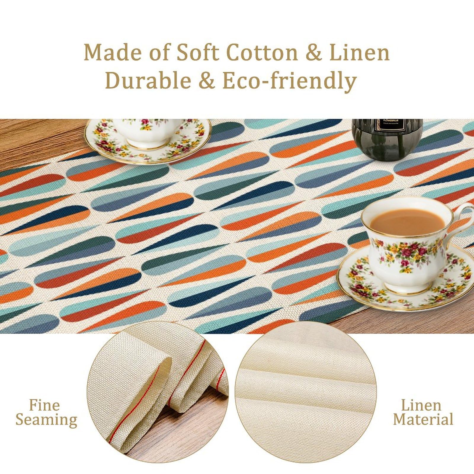 Mid Century Table Runner,Geometric Retro Drop Shapes Kitchen Table Runners For Family Dinner, Banquet, Parties And Celebrations,