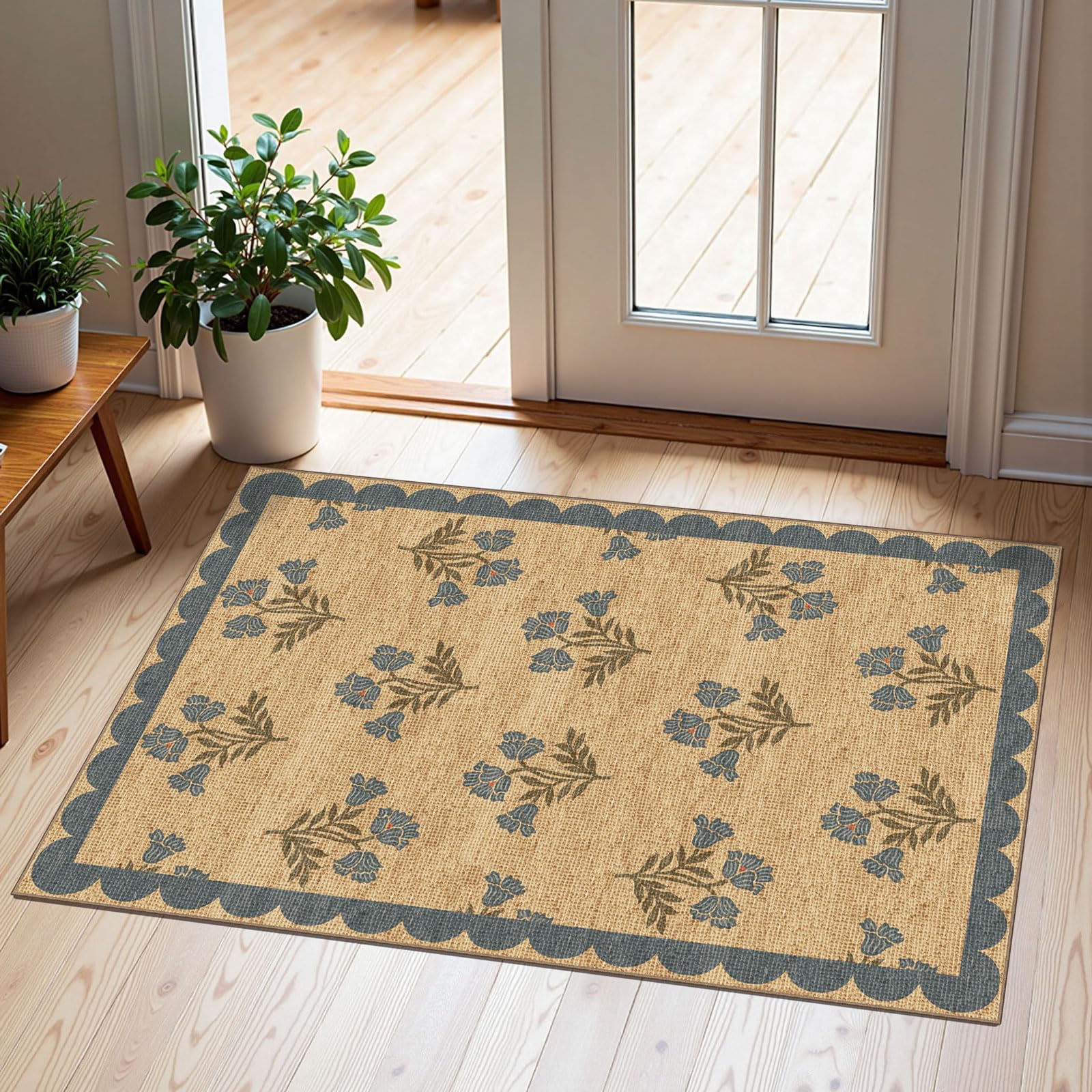 Othilic Front Door Mat Outside Entrance - 2x3 Floral Non-Slip Washable Doormat Indoor Outdoor Mat Jute-Look Farmhouse Blue Scall