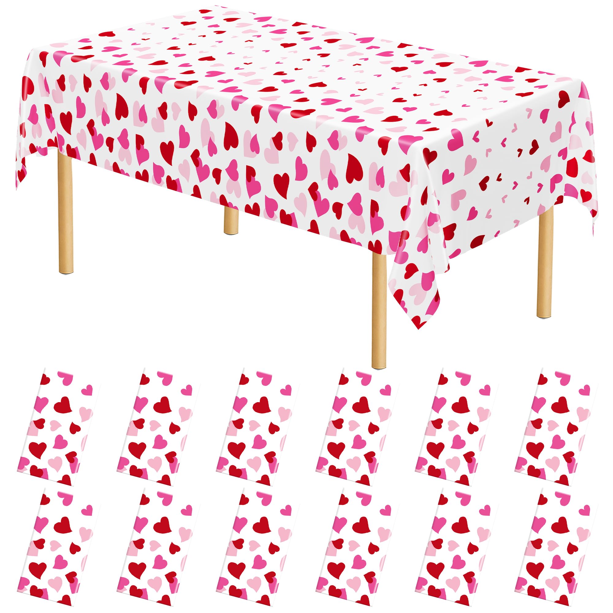 12 Pack Valentines Plastic Tablecloth, 54 x 108 Valentines Decorations, Heart Disposable Red Pink Galentine Tablecloths Love Par