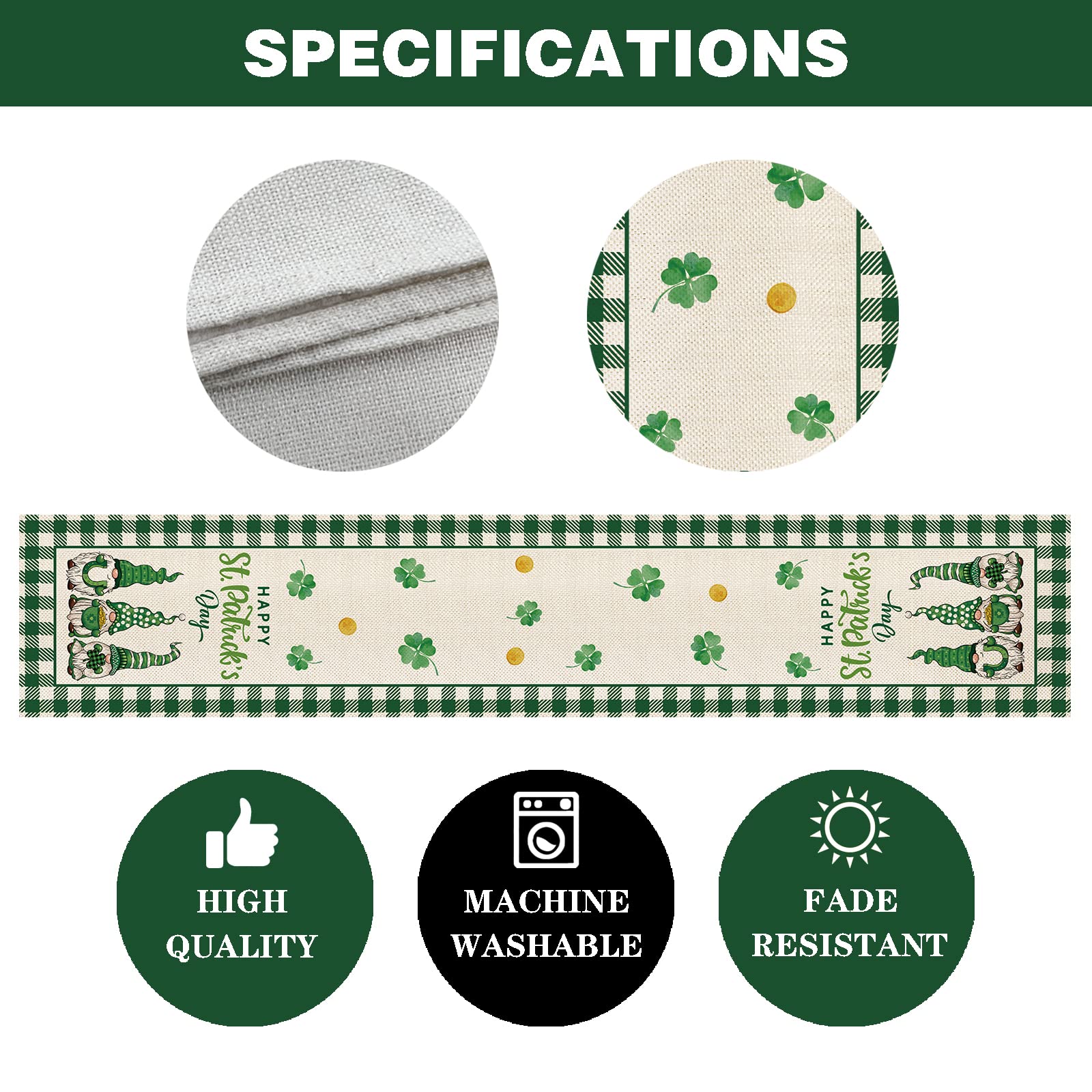 Yovoyoa Happy St Patricks Day Gnomes Table Runner 72 Inches Long, Green Shamrock Buffalo Plaid Table Runner, St Pats Lucky Clove