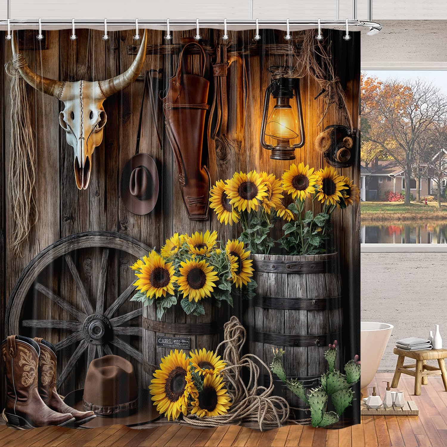 Jipusai Farmhouse Western Shower Curtain, Rustic Country Cowboy Barn Door Bath Curtain Set, Brown Southwest Cowboys Boots Hat Bu