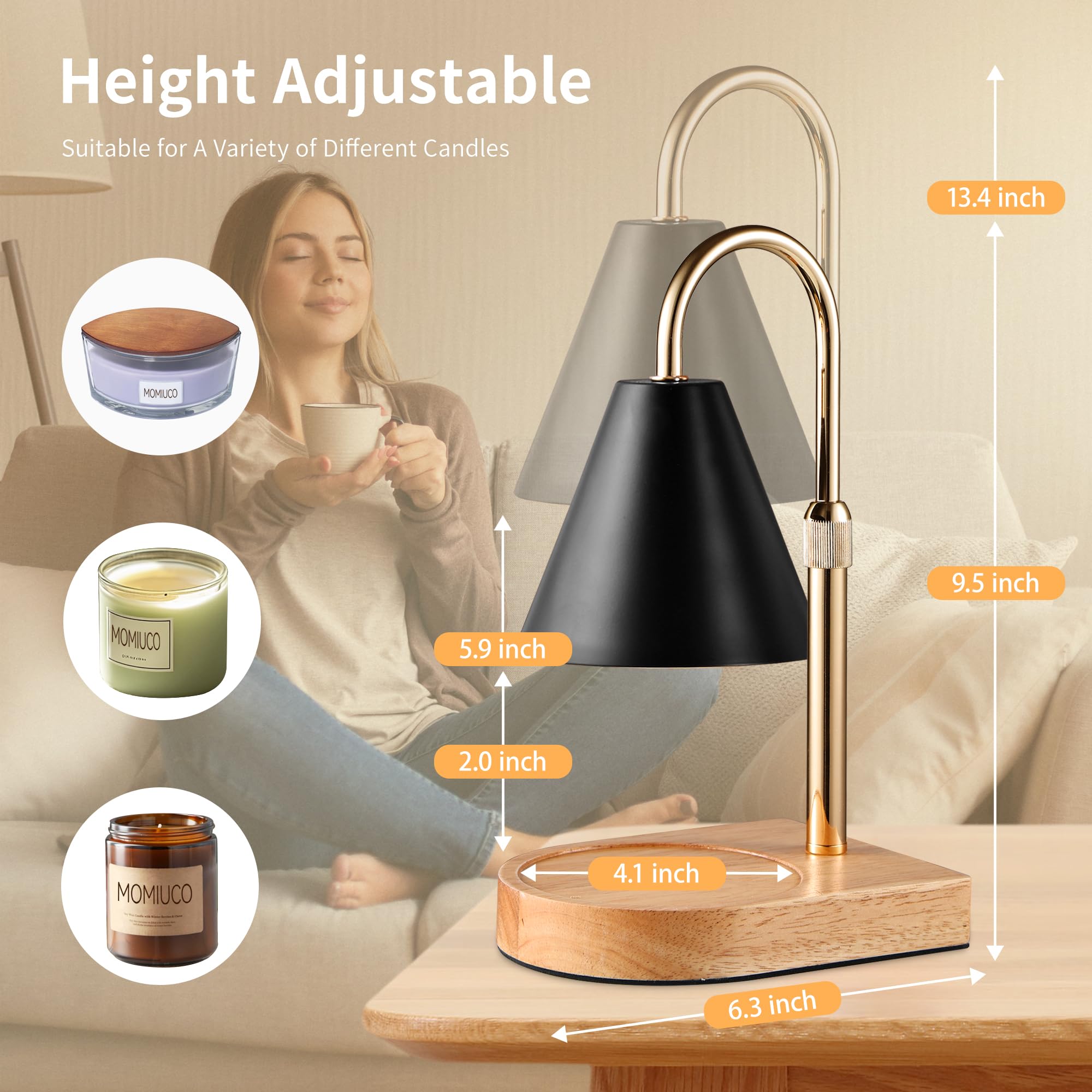 MOMIUCO Candle Warmer Lamp with Timer & Dimmer, Adjustable Height, Black Triangle, Metal, Model MOMIUCO-CL3, Perfect for Home Decor & Gifts