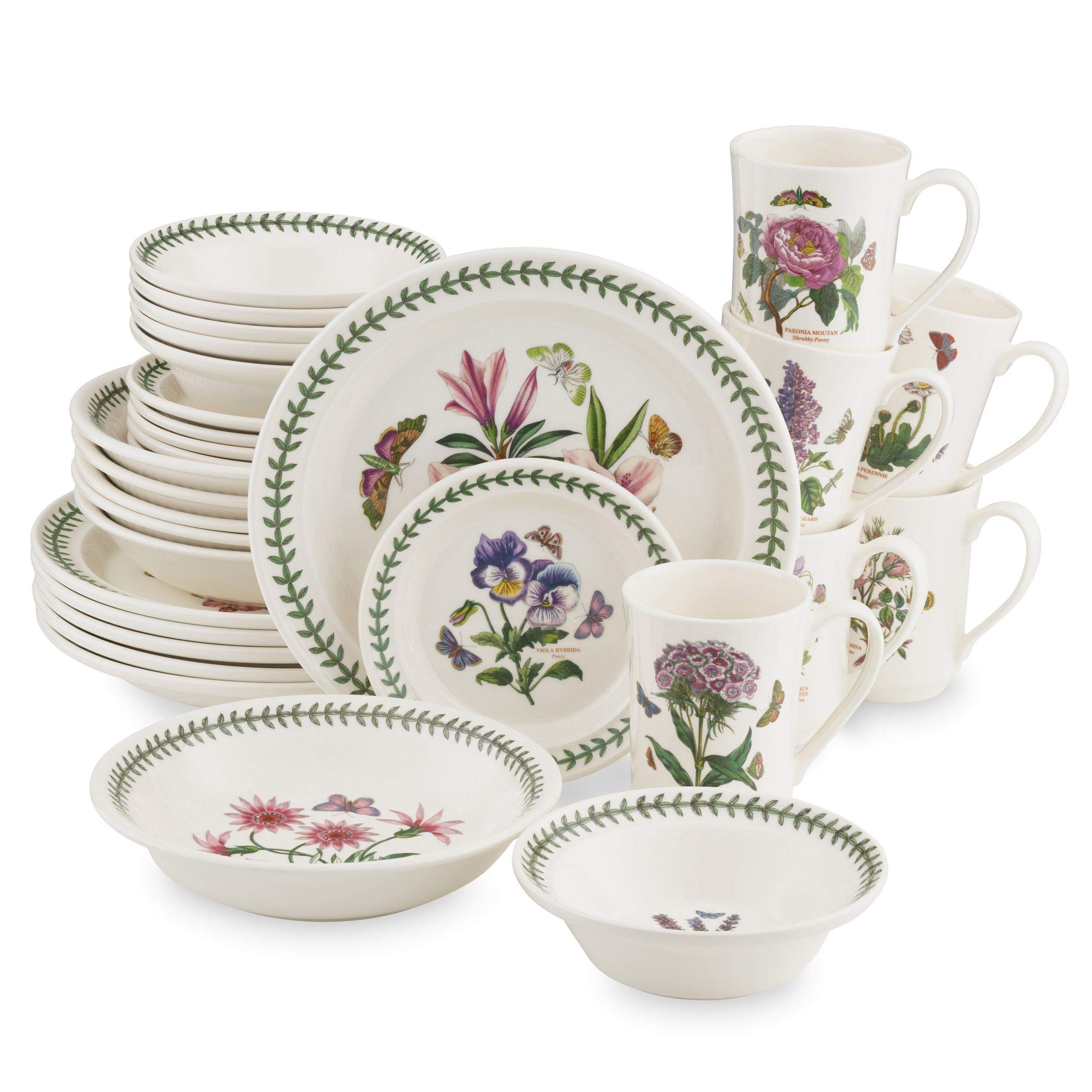 Portmeirion Botanic Garden 30 Piece Dinnerware Set | Assorted Floral Motif | Fine Earthenware | Dishwasher, Microwave, and Freez