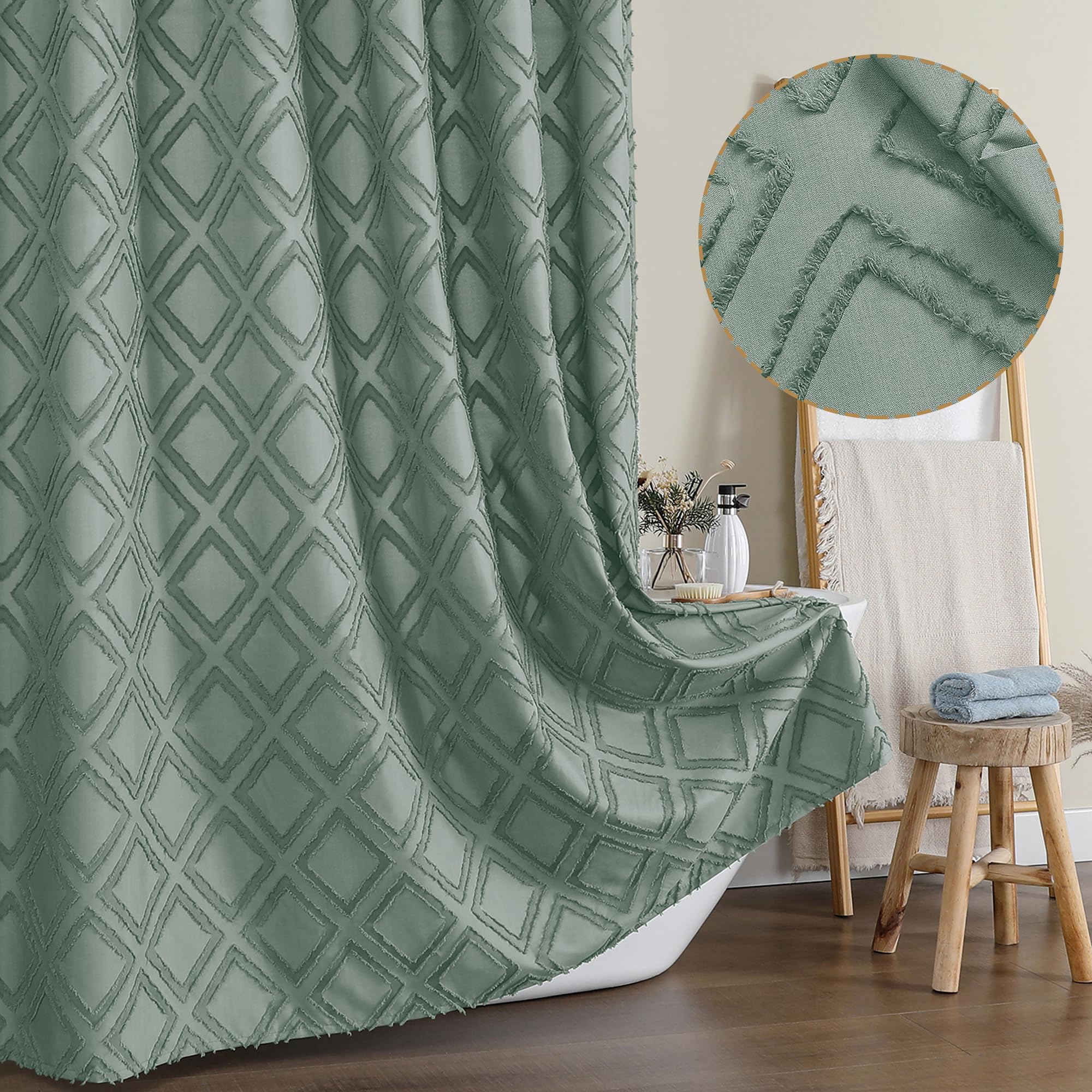 Owenie Extra Long 96 Inch Shower Curtains, Boho Fabric Shower Curtain Grommet Top With 12 Hooks, Elegant Modern Jacquard Geometr