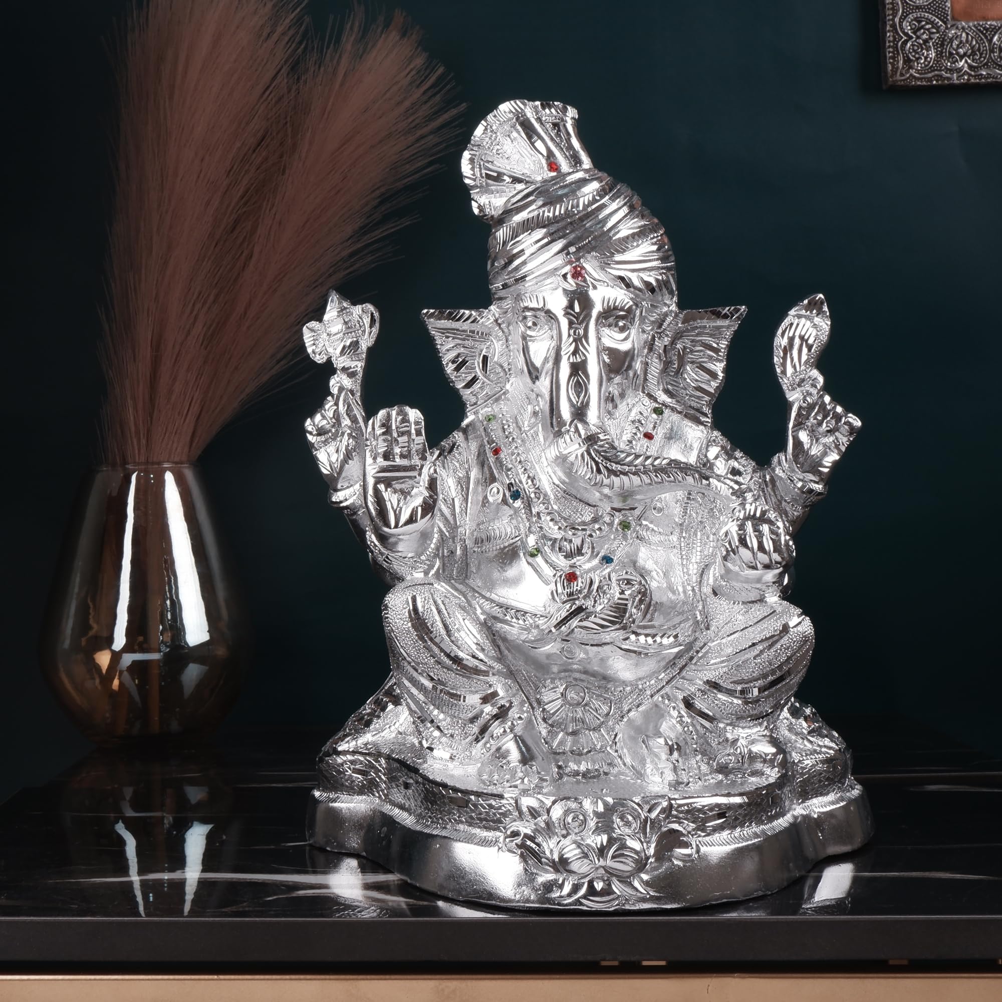 Shoppingrox Pagdi Ganesh God Idol | White Metal | Silver Colour - 29Cm
