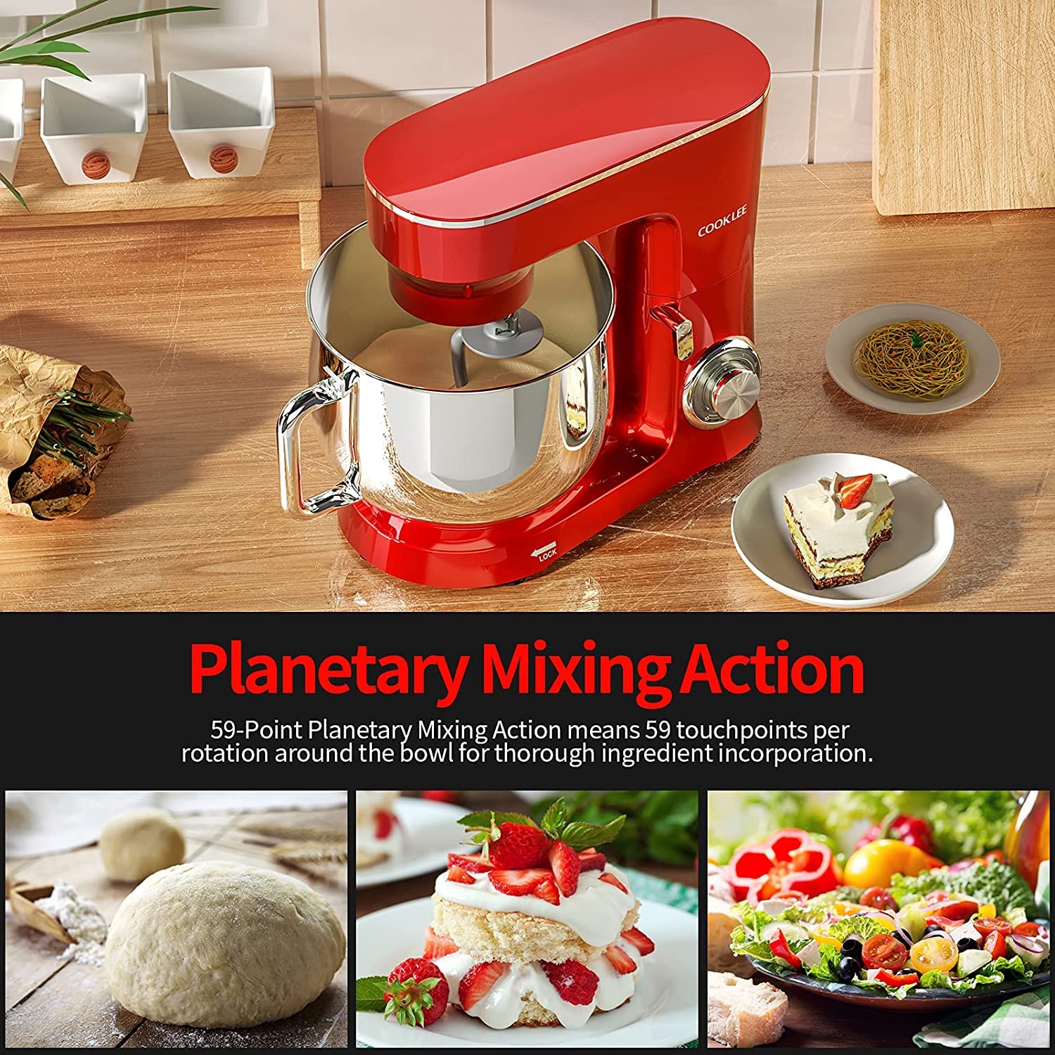 Cooklee Stand Mixer, 95 Qt 660W 10-Speed Electric Kitchen Mixer With Dishwasher-Safe Dough Hooks, Flat Beaters, Wire Whip  Pouri