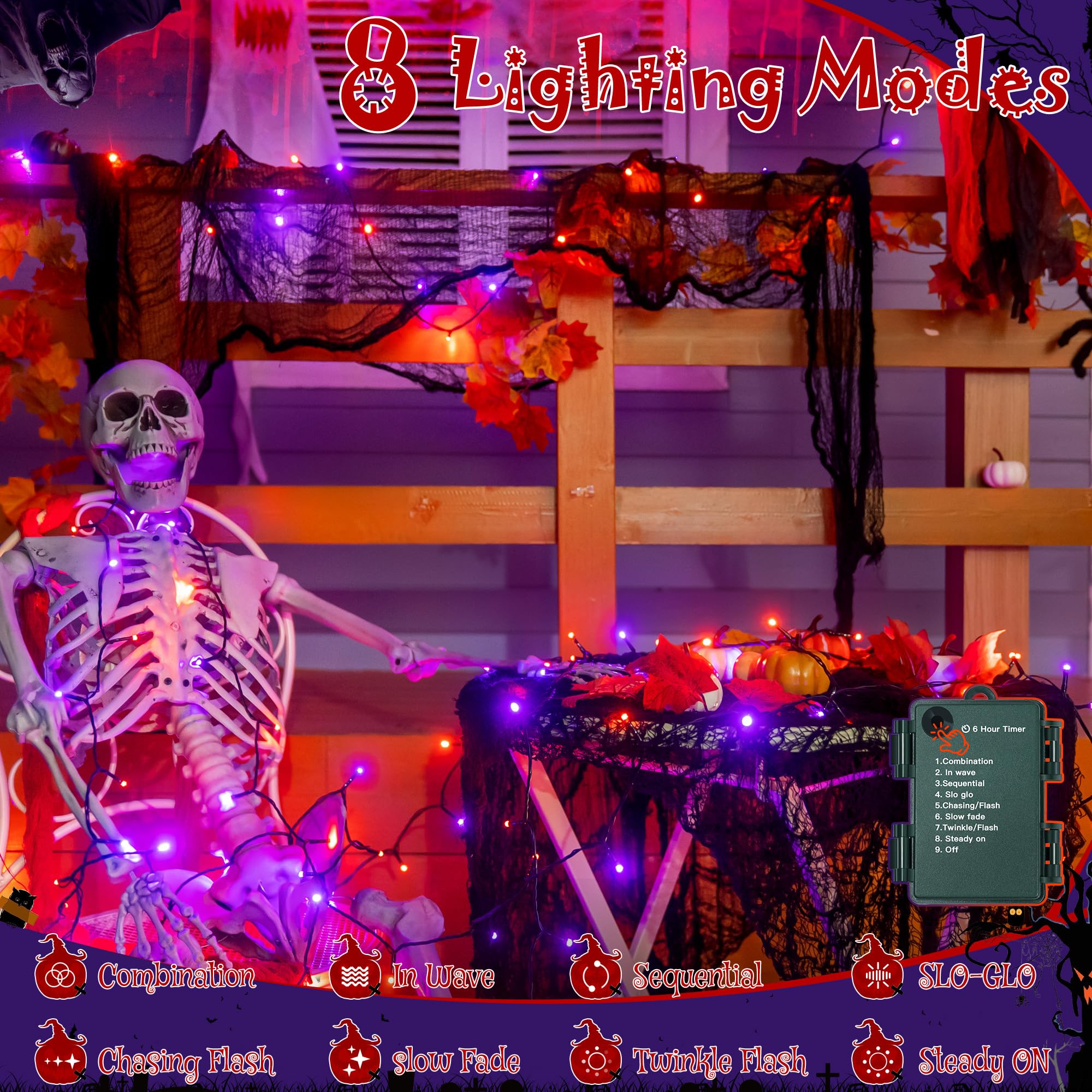 Ollny Halloween Lights with Creepy Cloth, 50LED 16FT Waterproof Orange and Purple String Lights with 8 Lighting Modes Timer, Bat