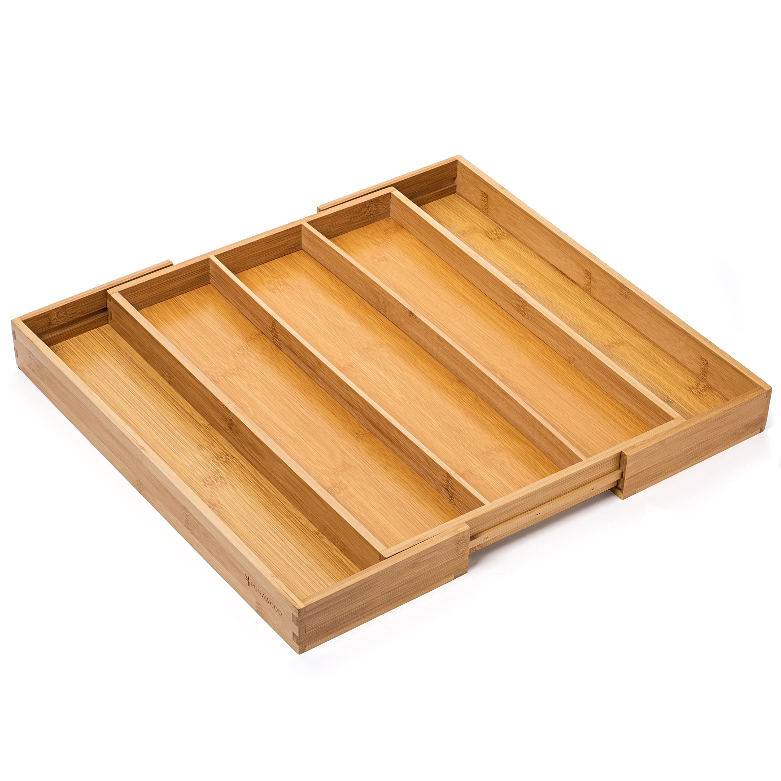 Purawood Large Premium Bamboo Silverware Organizer, 2 Pack - Expandable Kitchen Drawer & Utensil Organizer, 17.5'' X 19.75'' Cut