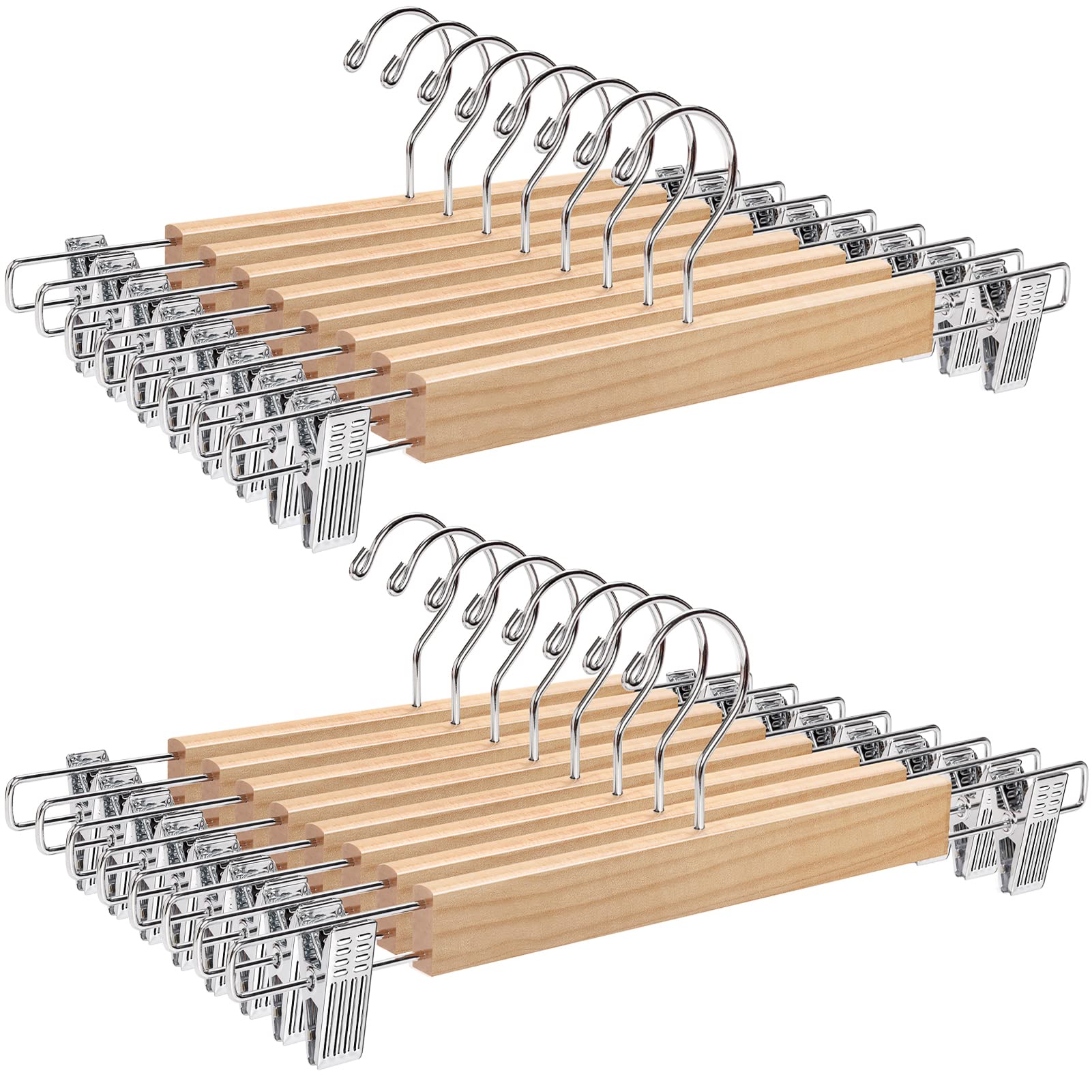 Amber Home 14.17'' Solid Natural Wooden Pant Skirt Hangers 24 Pack, Bottom Hangers For Slacks Trousers Jeans With 2-Adjustable A