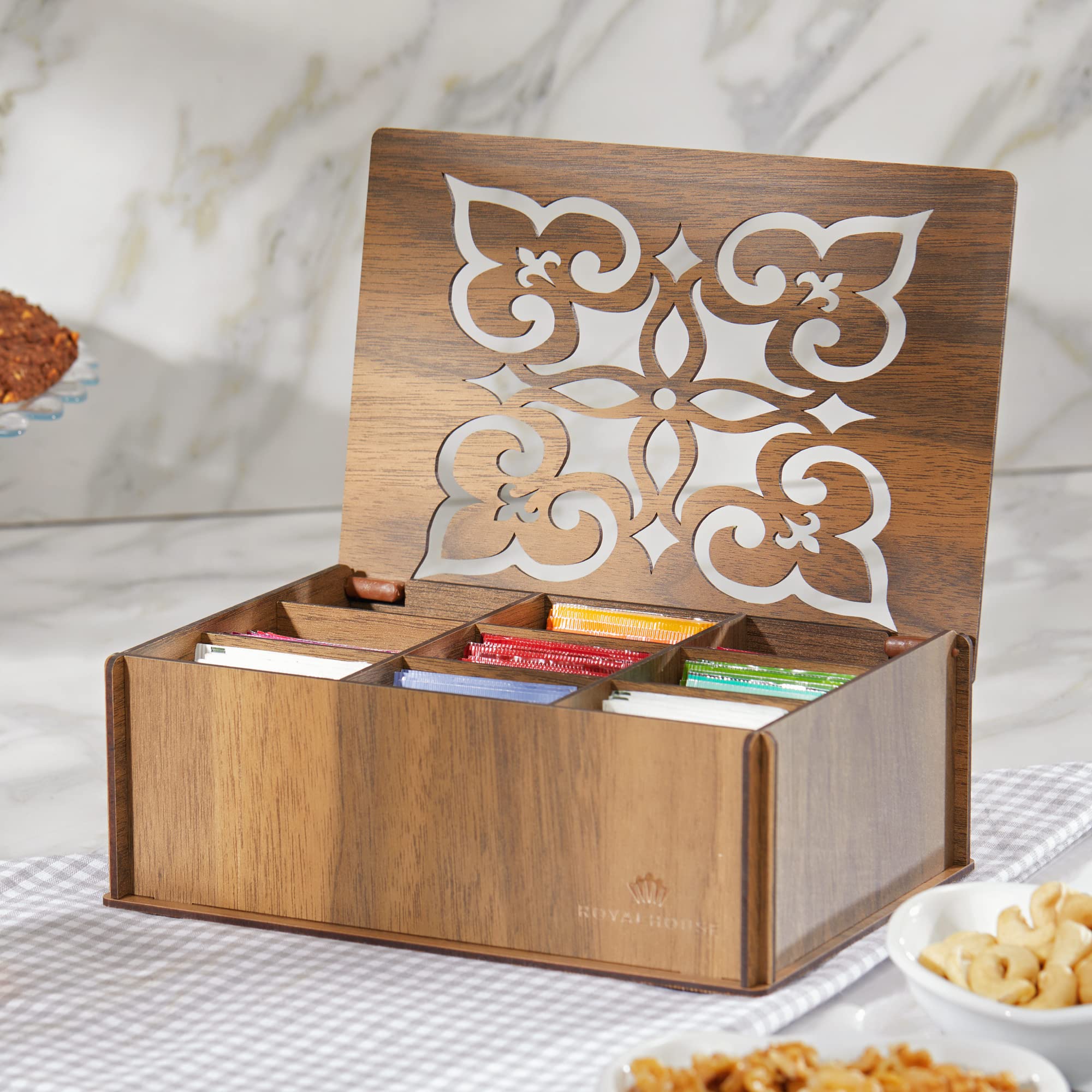 RoyalHouse Premium Wood (Hard MDF) Tea Storage Box Organizer (Walnut)  Eco-Friendly Multi-Functional Decorative Box  9 Compartments For Assorted Variety Of Tea Bags and Small Items