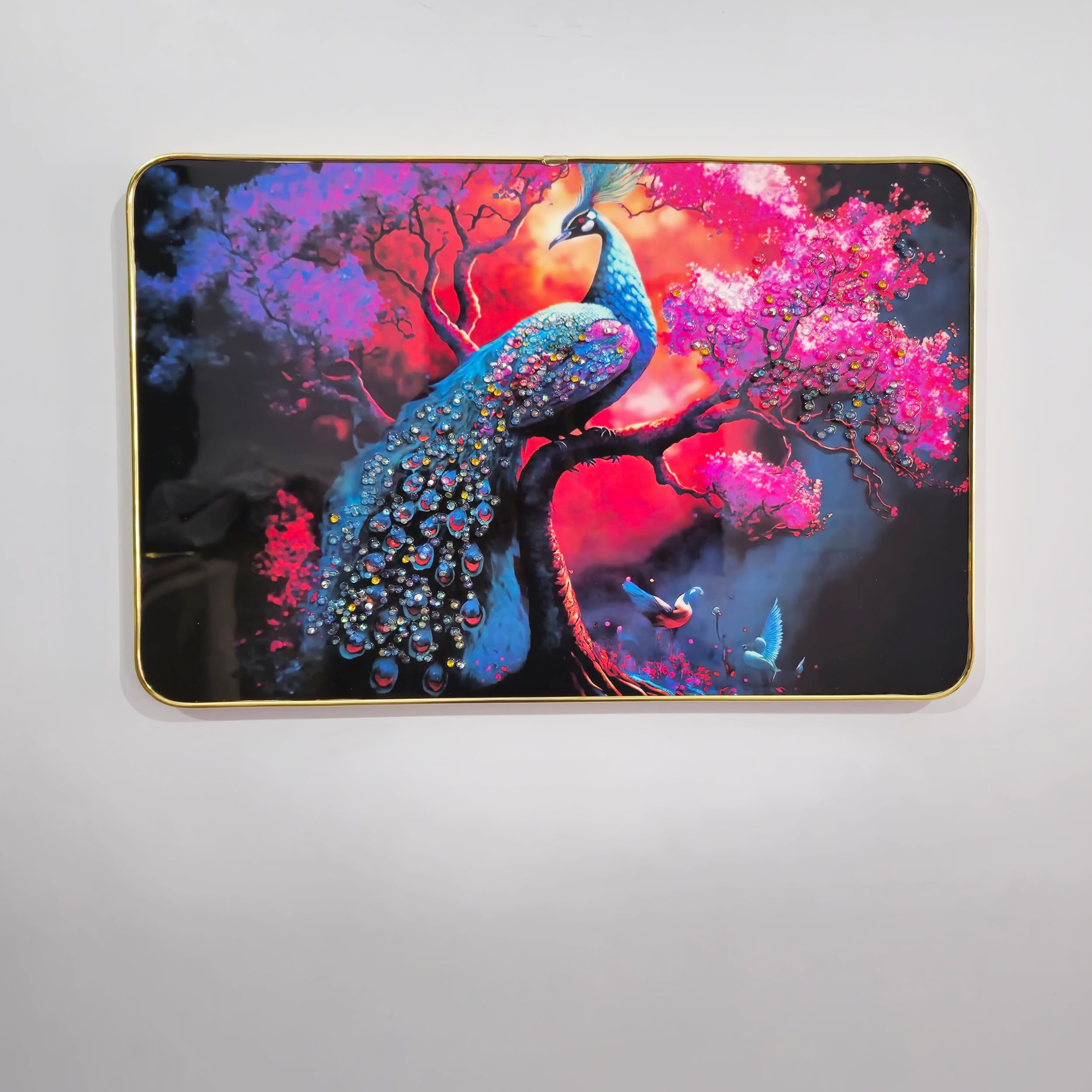 Masstone Decorative Peacock Wall Painting with Crystal Embedded High Gloss Surface Gold Slim Frame Embossed Wall Hanging Photos 