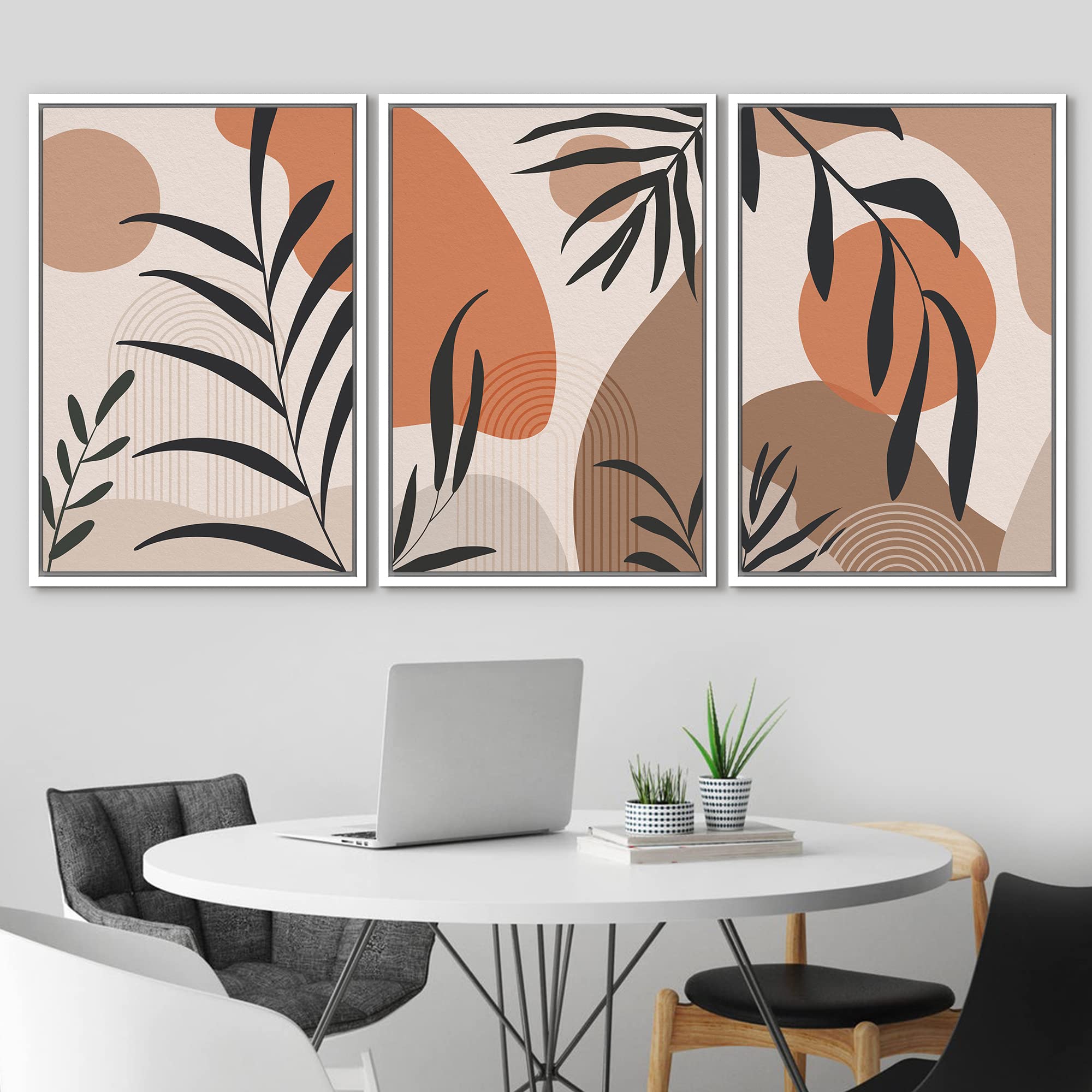 Idea4Wall Framed Canvas Print Wall Art Set Tropical Palm Leaf Geometric Landscapes Abstract Shapes Illustration Modern Art Decor