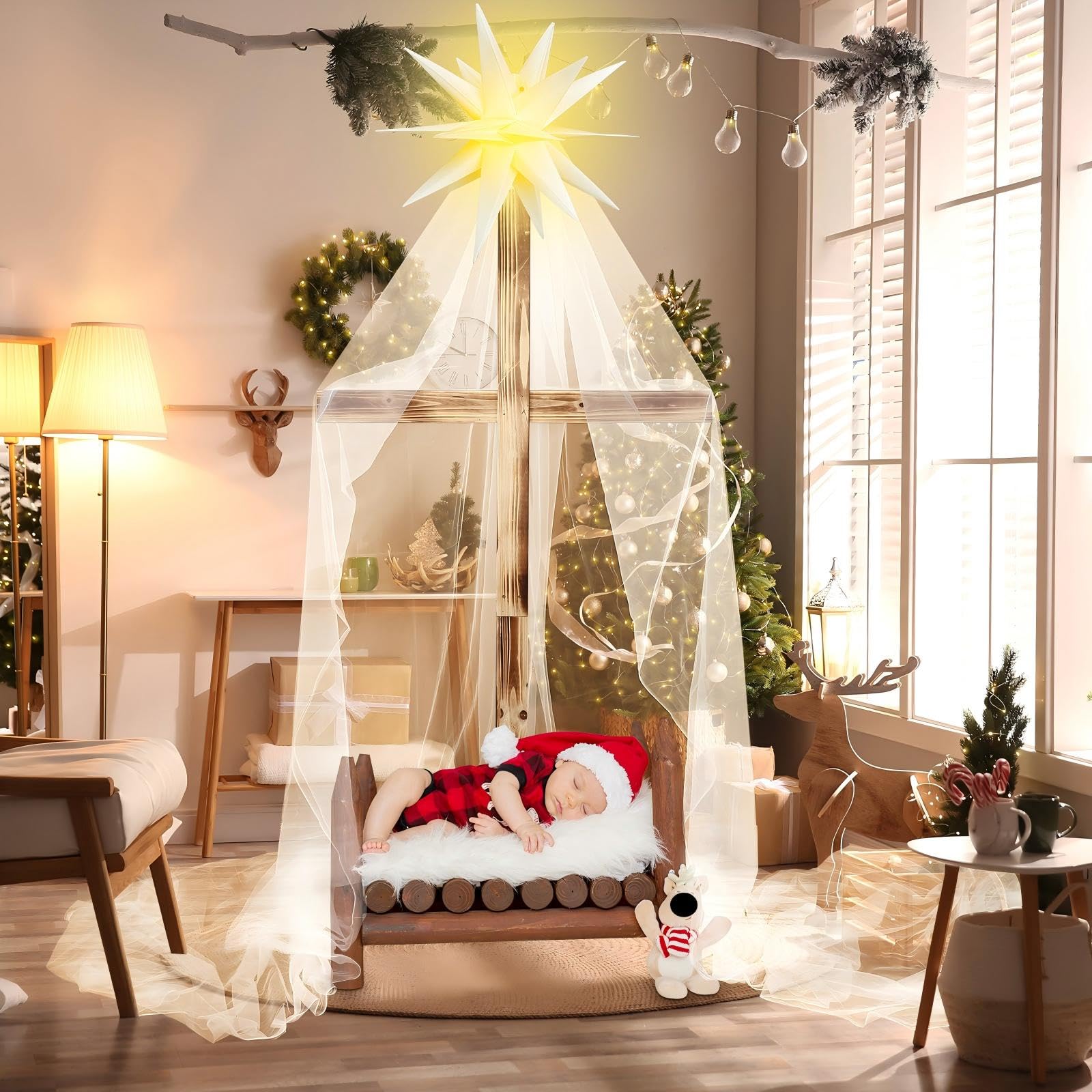 Threlaco 3 Pcs Nativity Scene with 1.6 x 9 m Draping Fabric, Church Decor and Classical Bethlehem Star Lights - Religious Decora