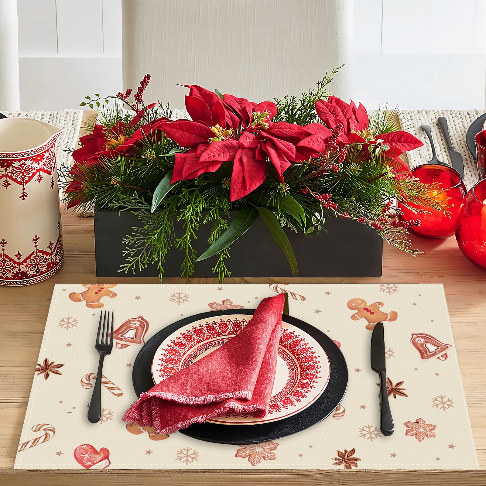 Bonhause Christmas Gingerbread Man Candy Placemats Set Of 4, 12X18 Inch Cute Gingerbread Man Kitchen Dinning Table Mats Washable